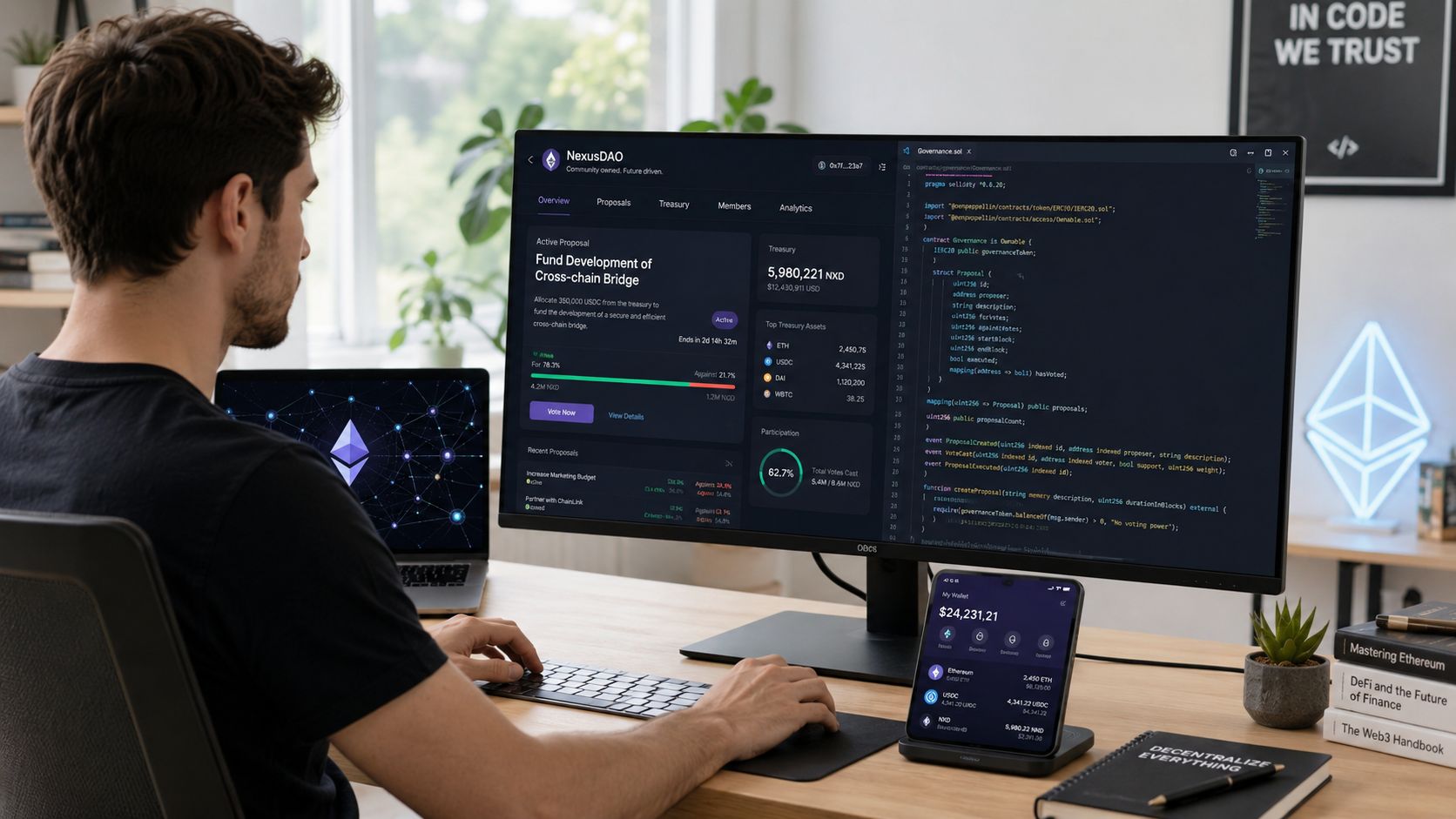 A frontend engineer working remotely on blockchain software development with multiple screens and cryptocurrency dashboards.