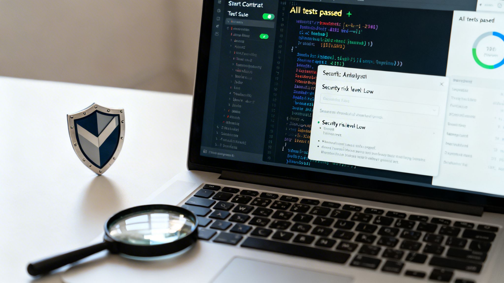 A laptop screen displays smart contract code and security analysis, with a shield icon and magnifying glass.