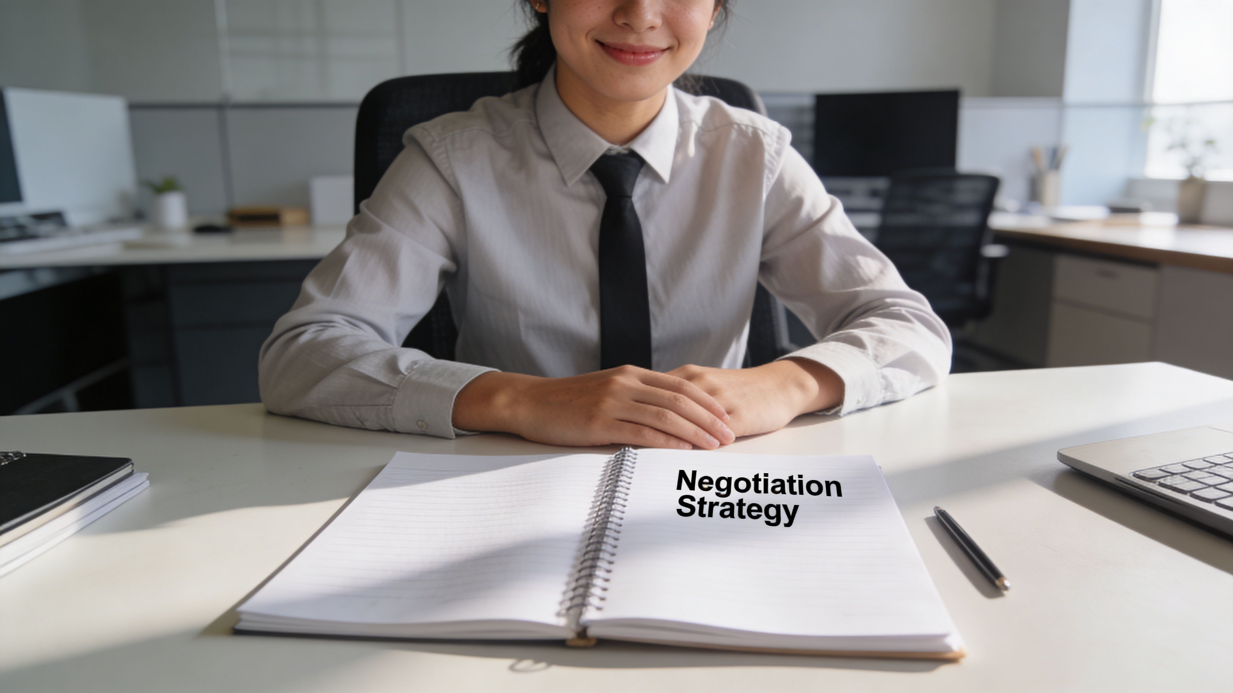 A professional woman in a shirt and tie sits at a desk with a notebook labeled Negotiation Strategy.