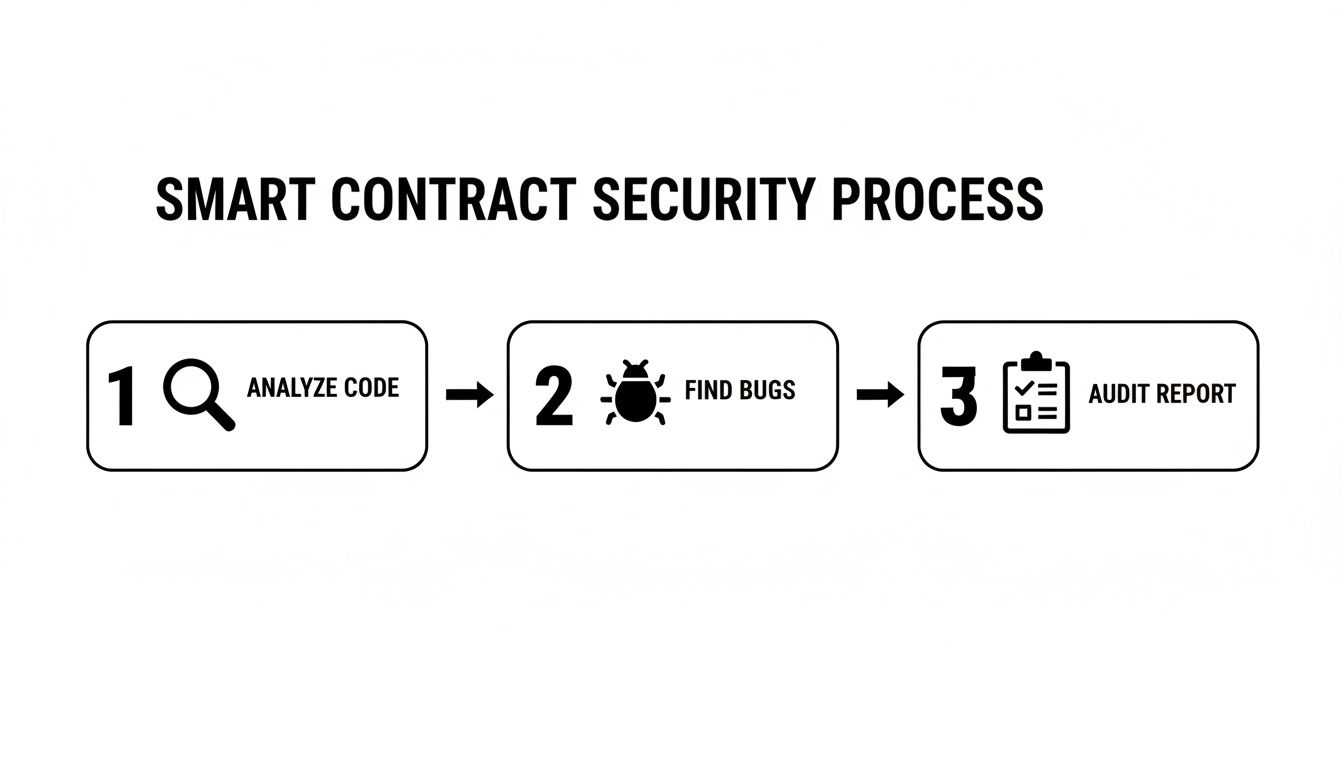 A diagram illustrating the smart contract security process in three sequential steps: analyze code, find bugs, and audit report.