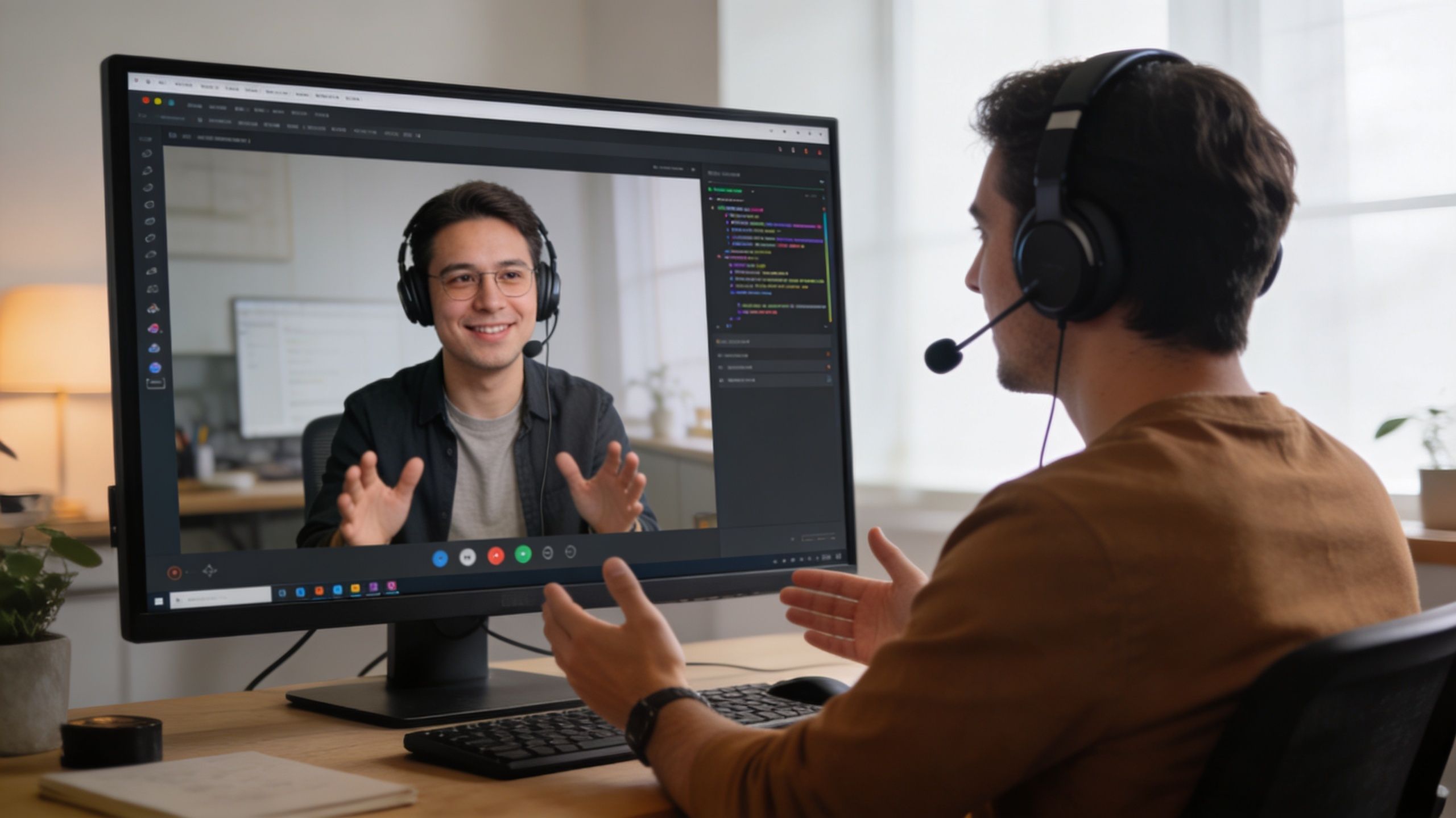 A professional remote front-end developer wearing a headset talks during a video call on his computer.