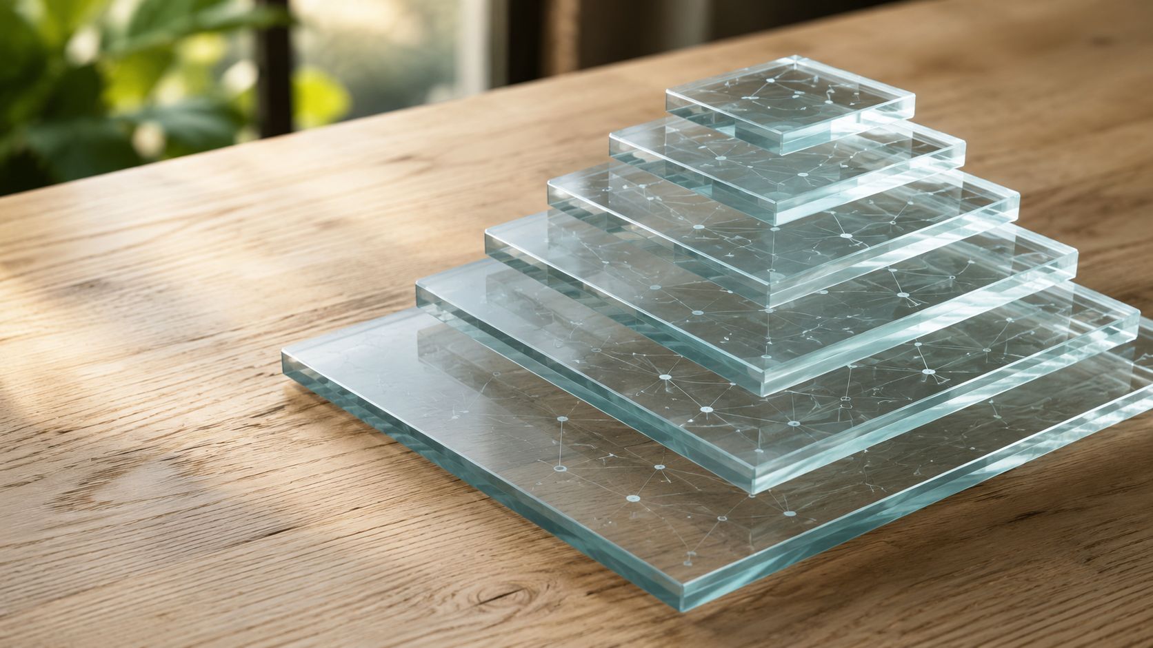 A stack of square glass plates with network patterns resting on a rustic wooden table surface.