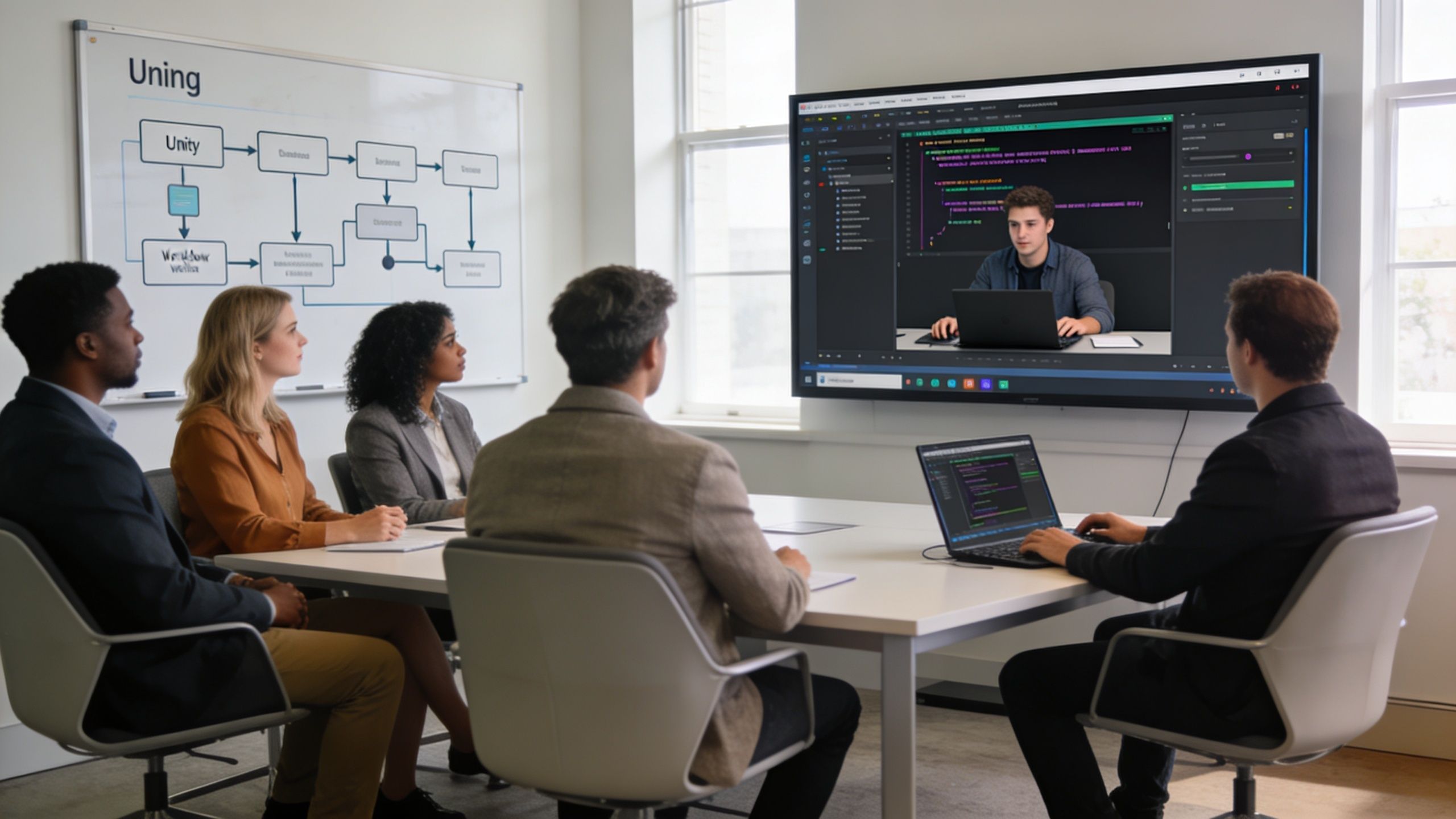 A professional team in a meeting room watching a video call with a software developer.