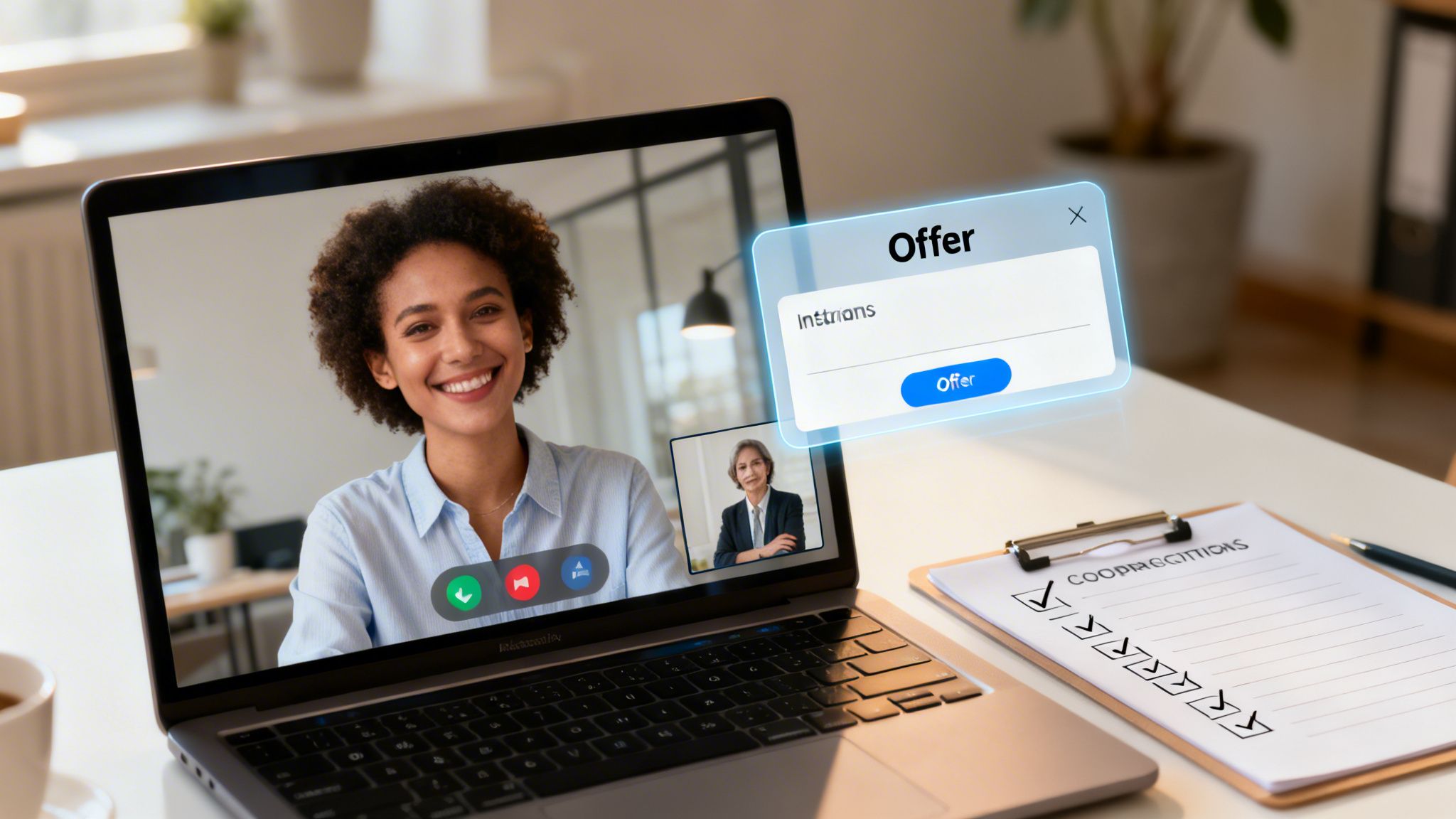 Smiling woman on video call discussing an offer, with a checklist and pen on a desk.