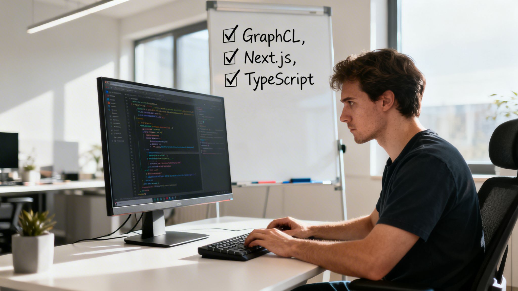 A young software developer focused on coding on his computer in a modern office workspace environment.