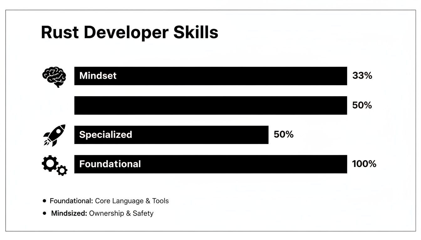 Bar chart illustrating Rust developer skills: Mindset 33%, Specialized 50%, Foundational 100%.