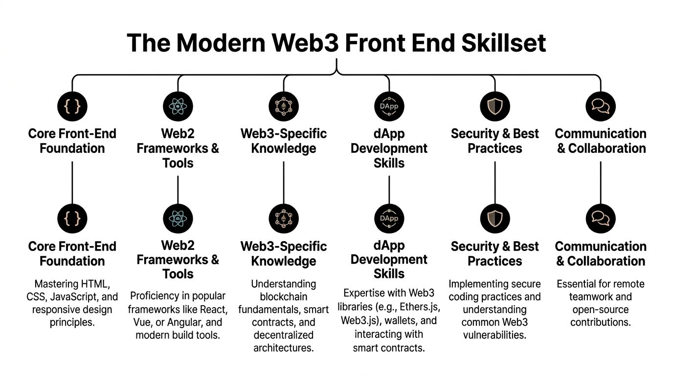 A diagram outlining the essential skills for a modern Web3 front-end developer, including foundations, frameworks, and security.