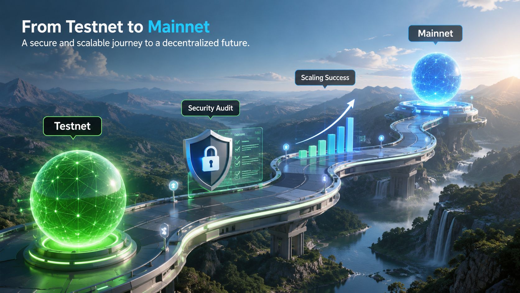 A digital illustration showing the progression from blockchain testnet to mainnet with security audits and scaling charts.