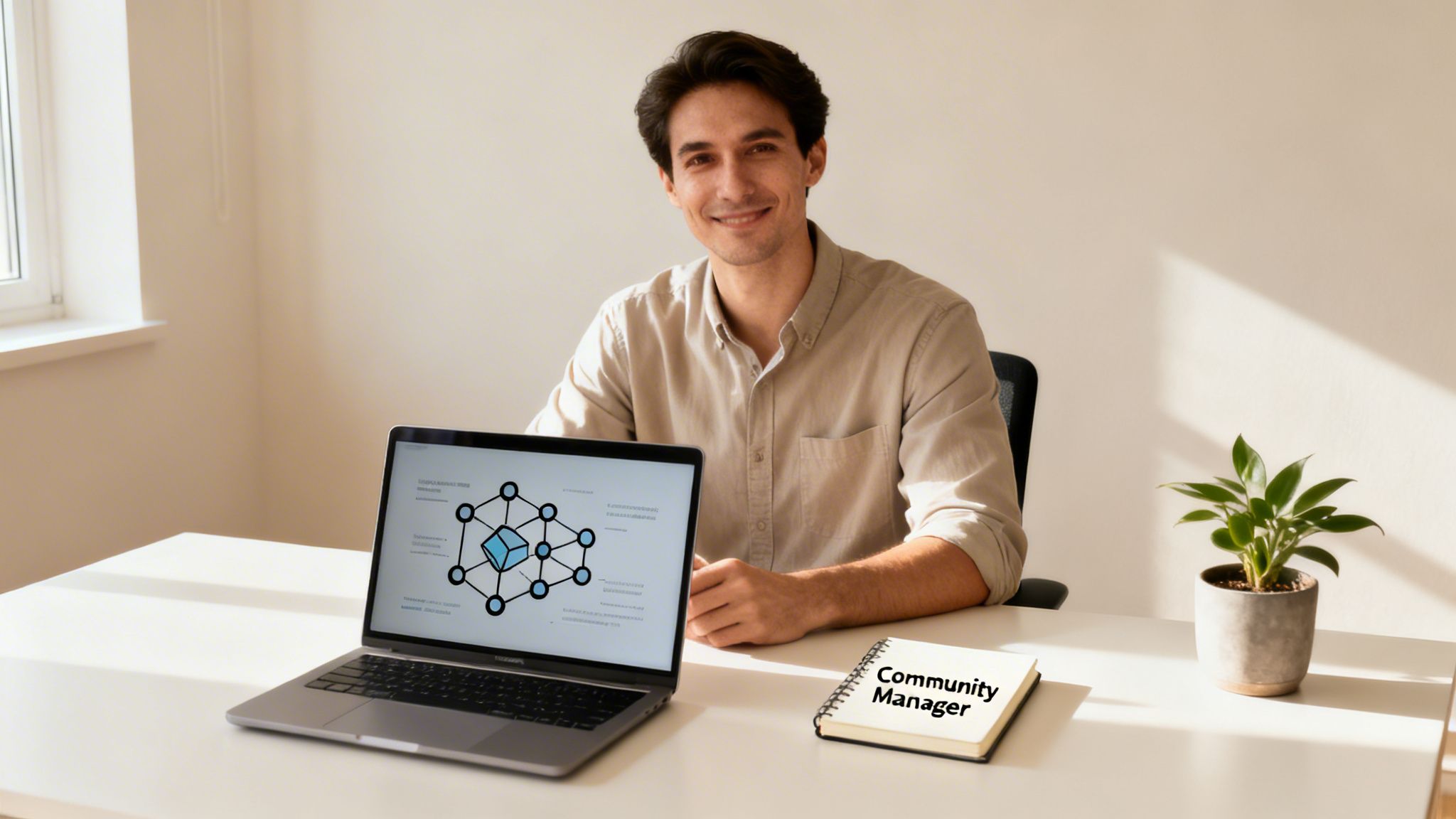 A smiling man sits at a desk with a laptop showing a network diagram and a notebook labeled "Community Manager".