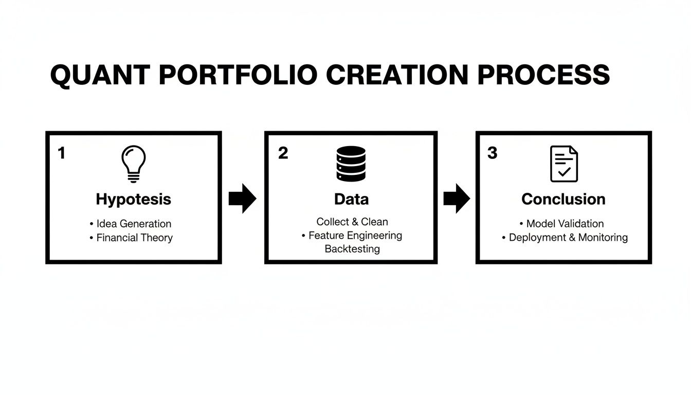 A three-step diagram outlining the Quant Portfolio Creation Process: Hypothesis, Data, and Conclusion.