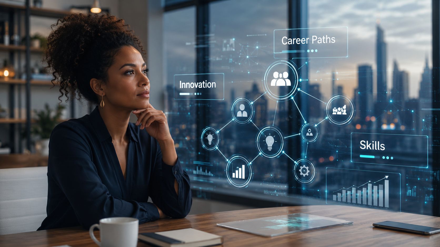 A professional woman looking at an interactive holographic display with business icons and data visualizations.