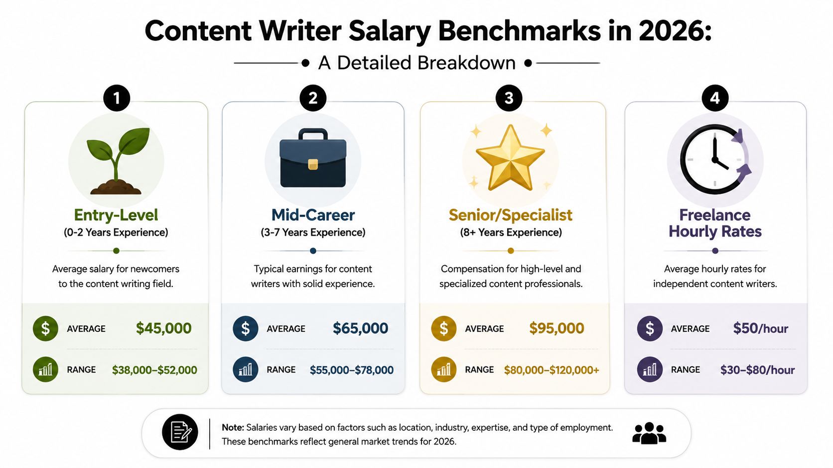 An infographic showing the 2026 salary benchmarks for entry-level, mid-career, senior, and freelance content writers.