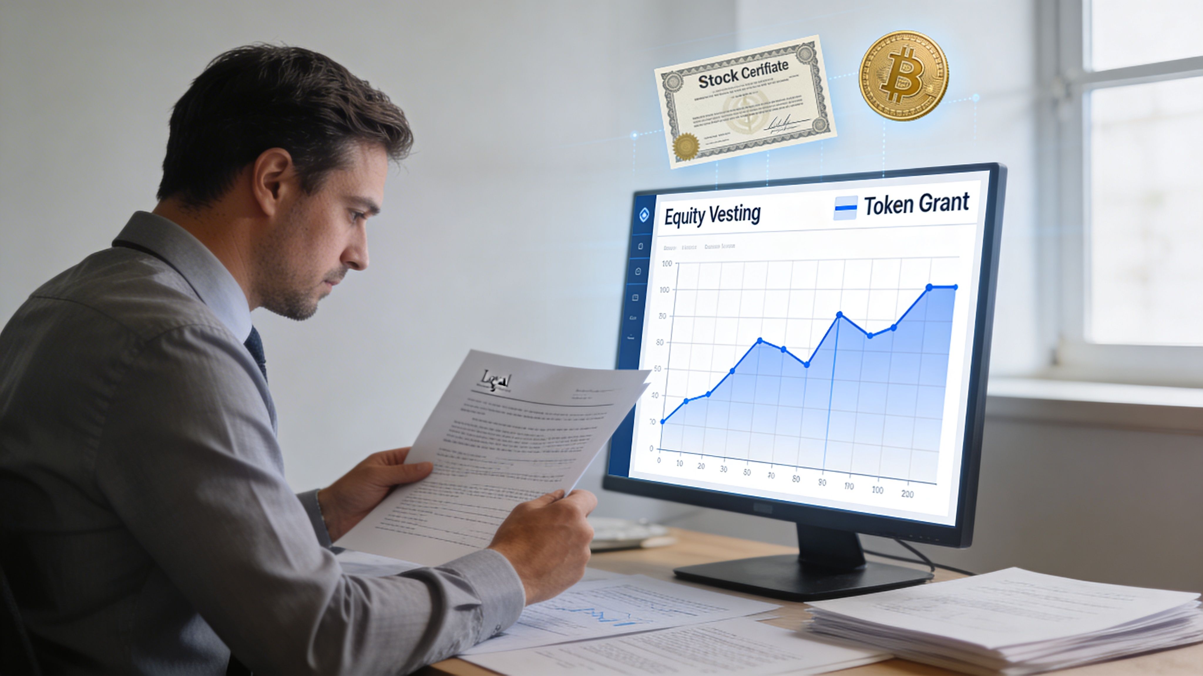 A professional analyzing financial documents with a computer screen showing equity vesting and token grant trends.