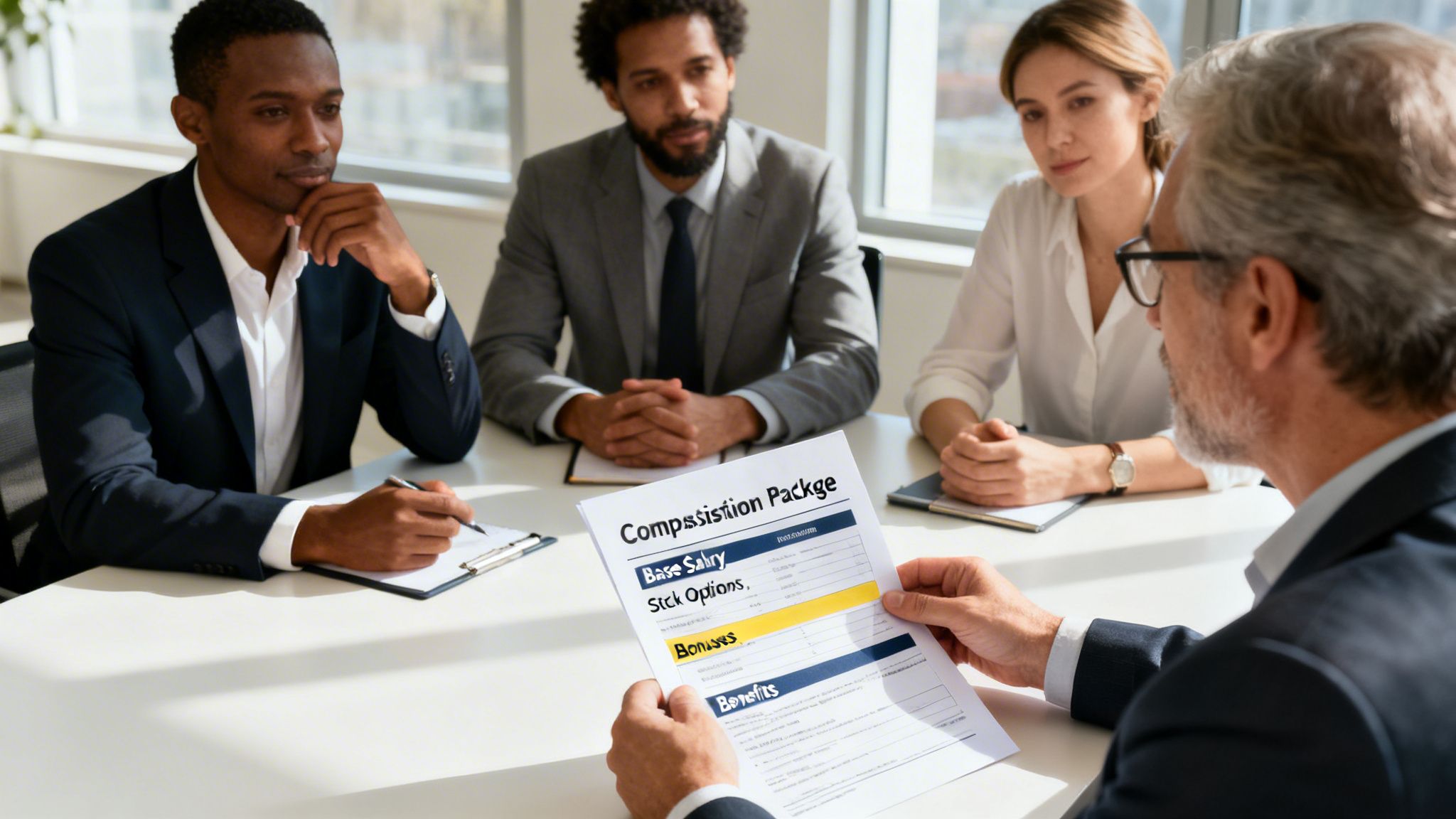 A professional team reviewing a job compensation package document during an office salary negotiation meeting.