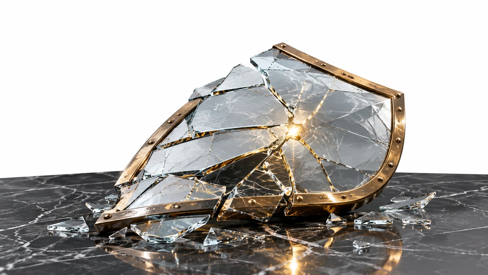 A shattered glass shield with a metallic frame resting on a black marble surface against white background.