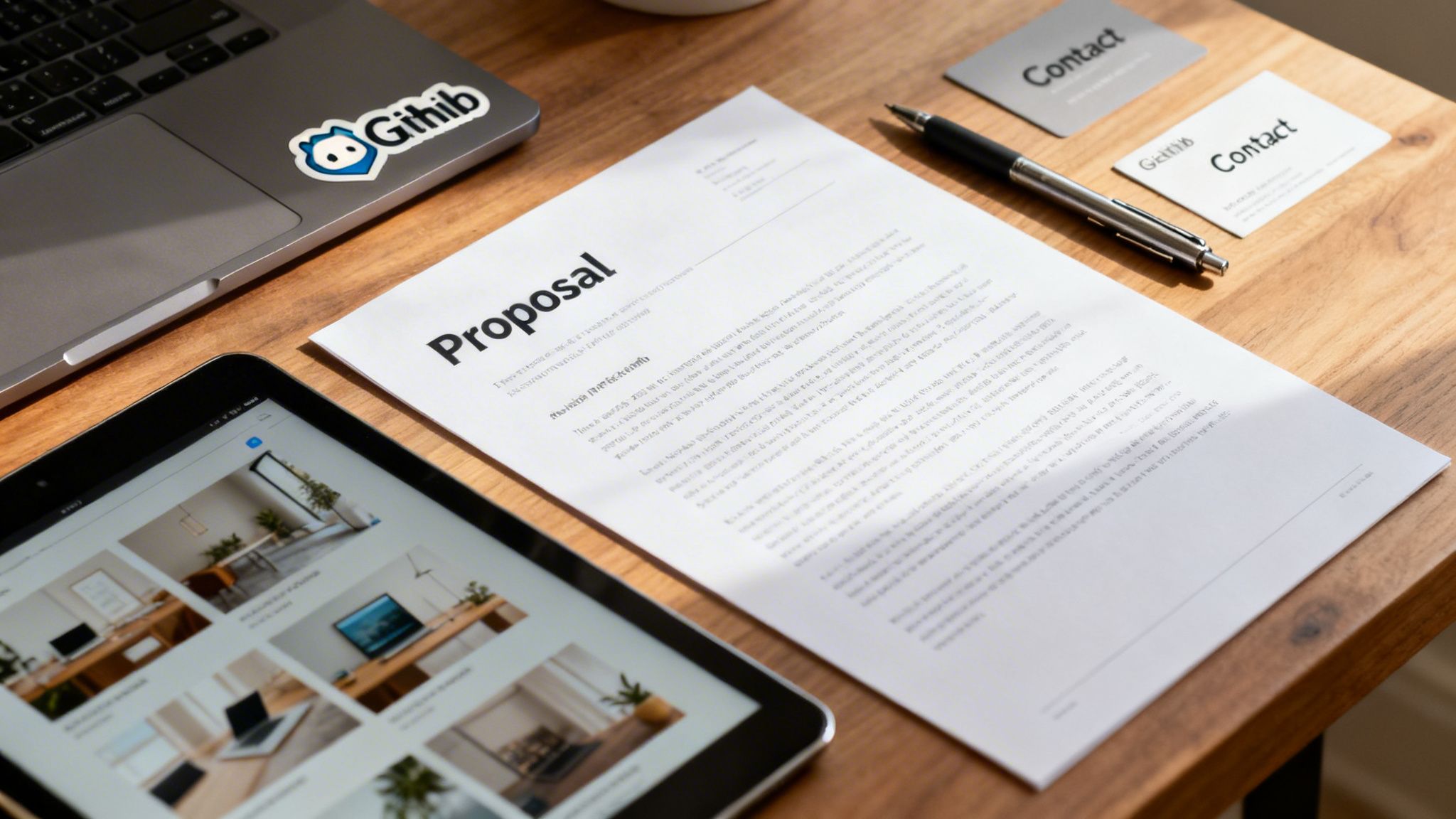 A flat lay of a wooden desk with a laptop, tablet, 'Proposal' document, pen, and 'Contact' business cards.