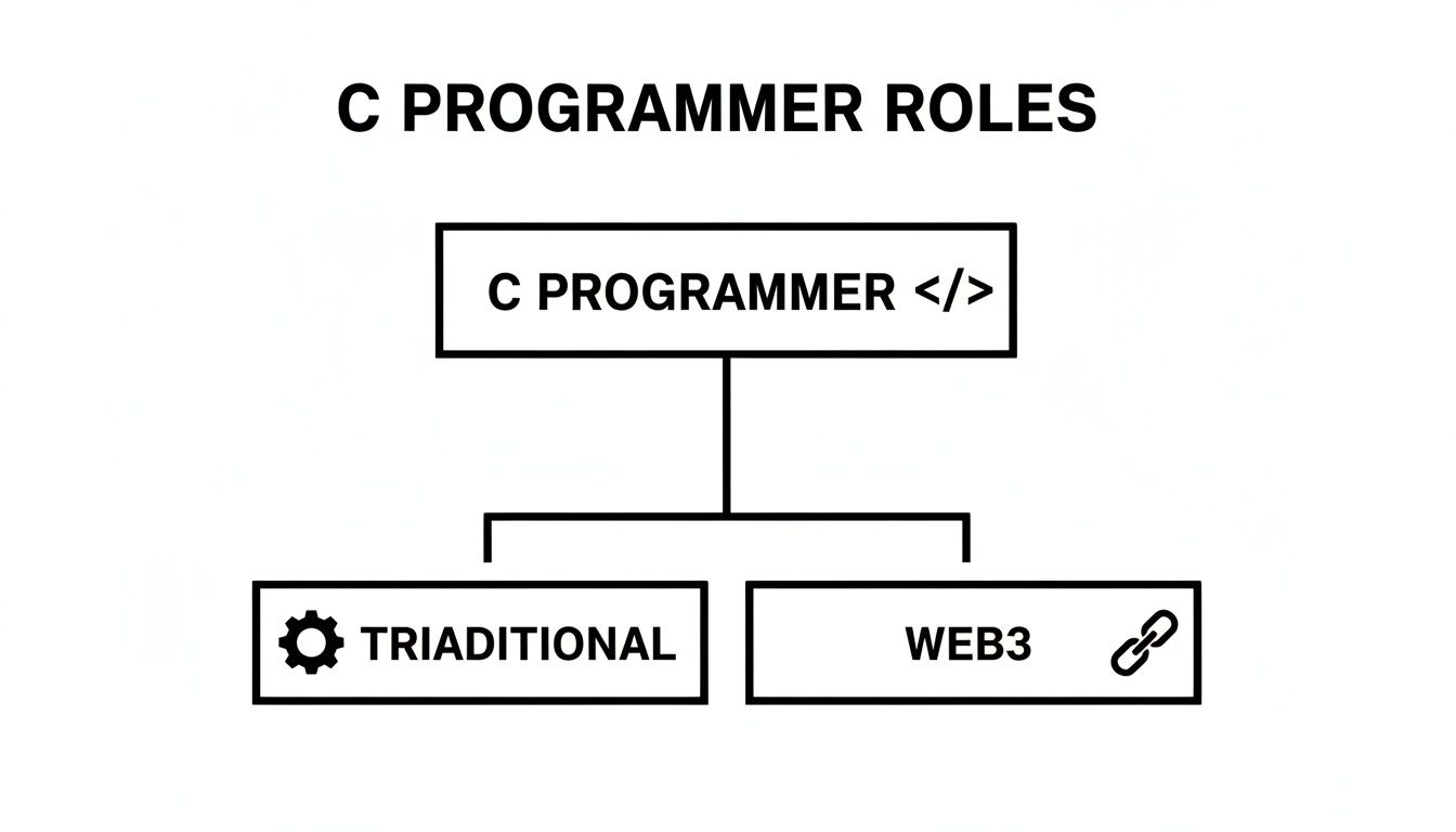 An organizational chart illustrating C programmer job roles, split into traditional and Web3 opportunities.