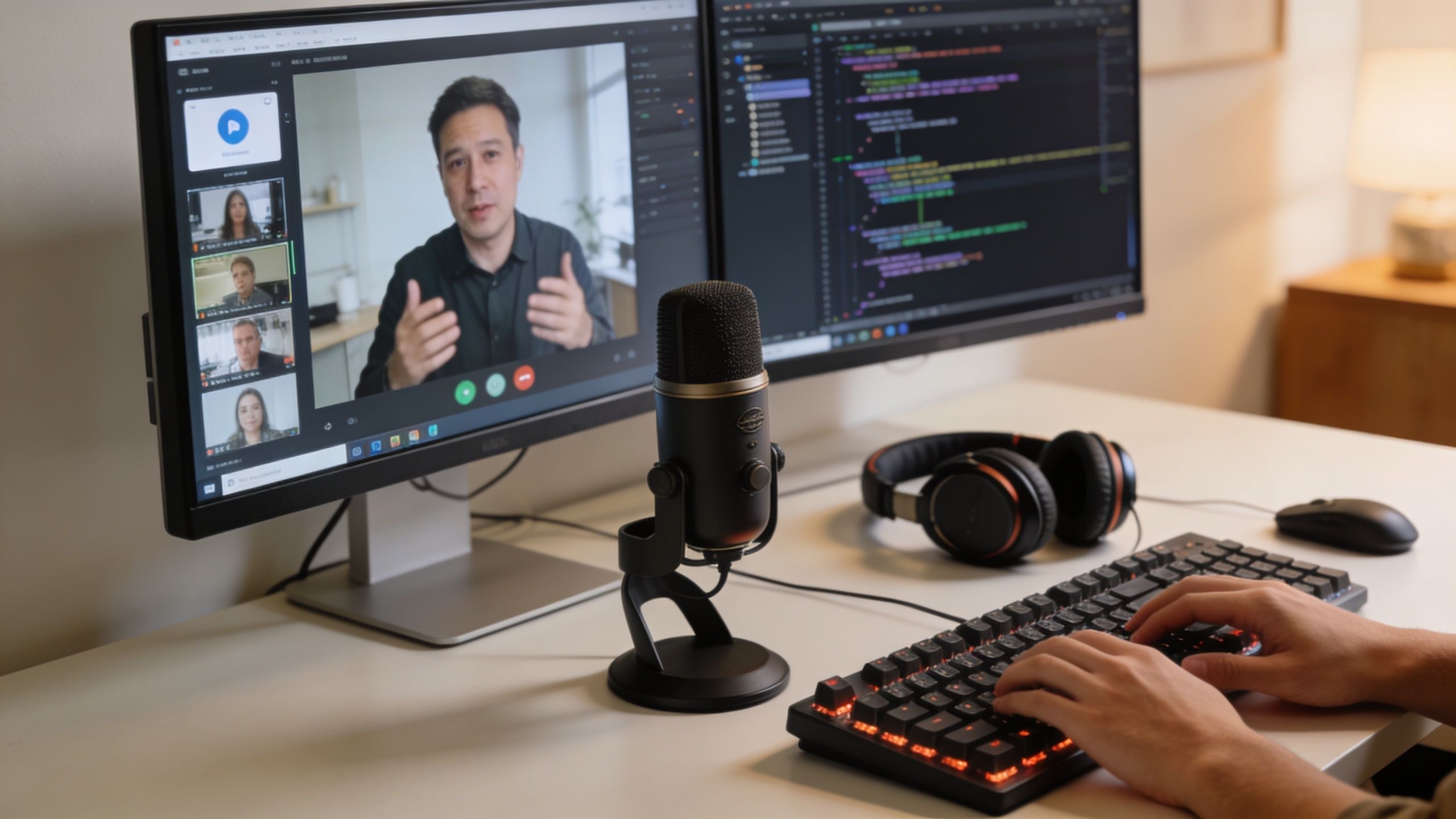 A software engineer working remotely on code while participating in a video conference call on dual monitors.