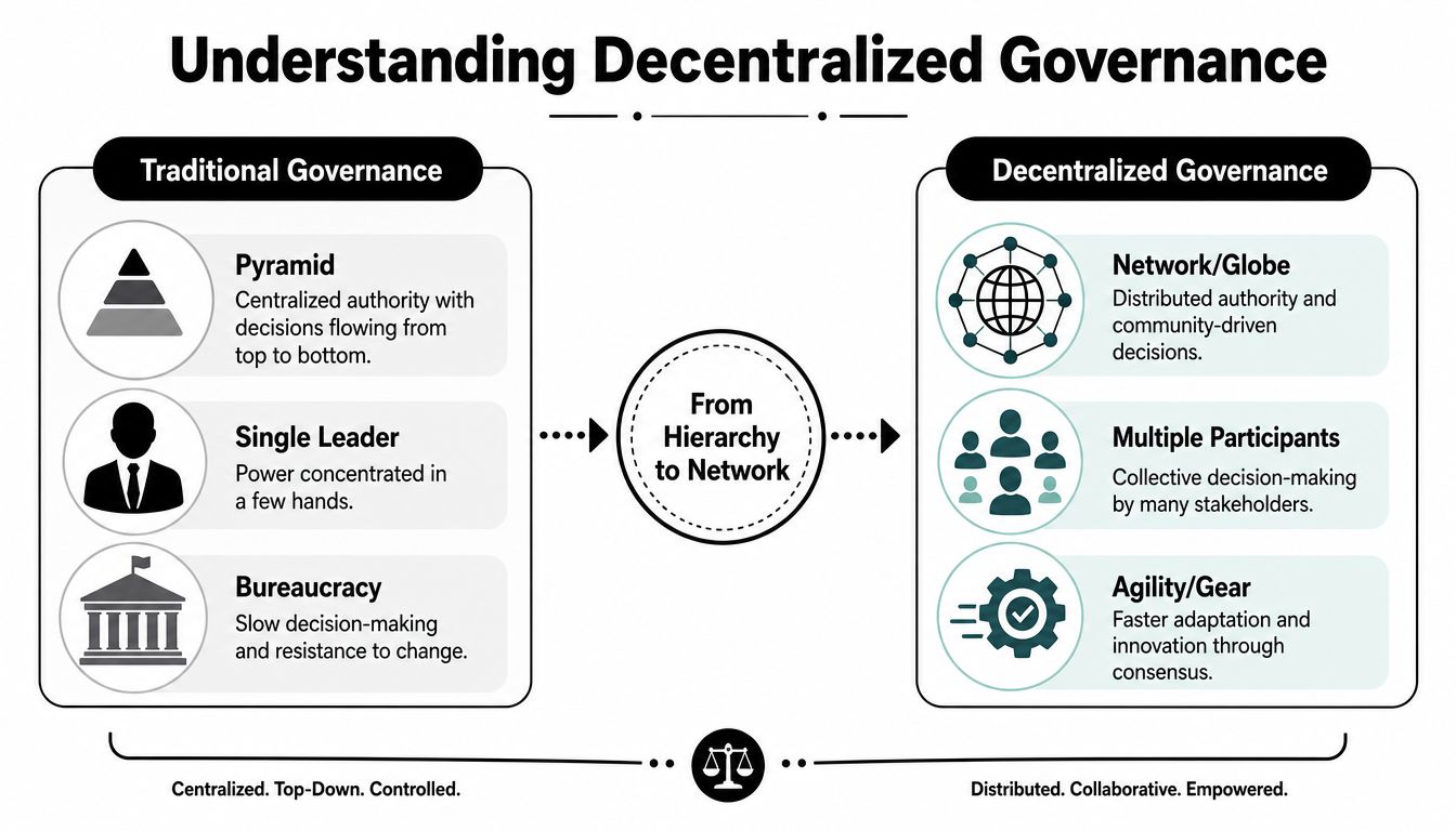 A comparison chart showing the differences between traditional centralized hierarchy and modern decentralized governance models.