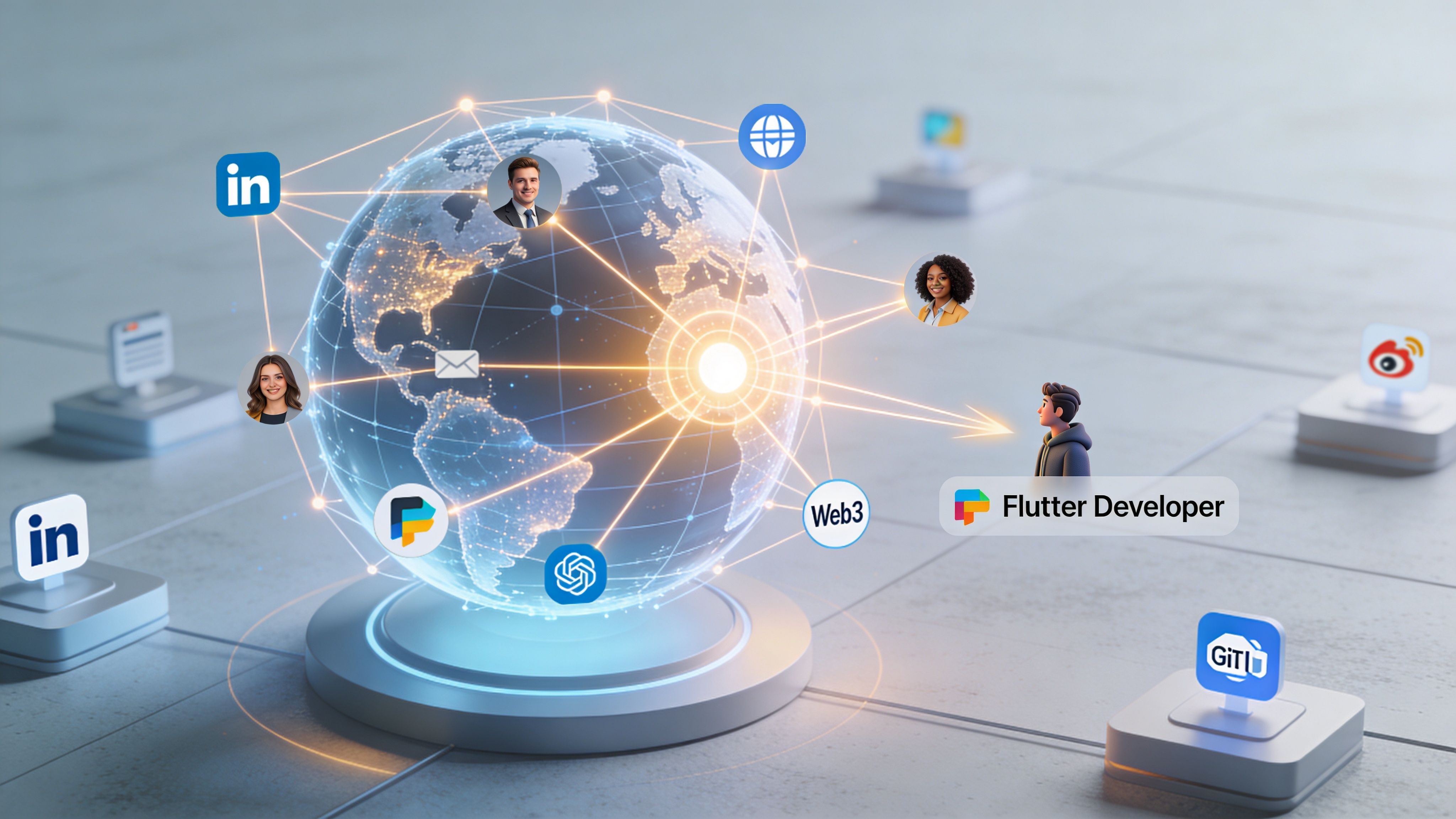 A digital graphic showing a global network connecting professional avatars, technology logos, and a Flutter developer symbol.