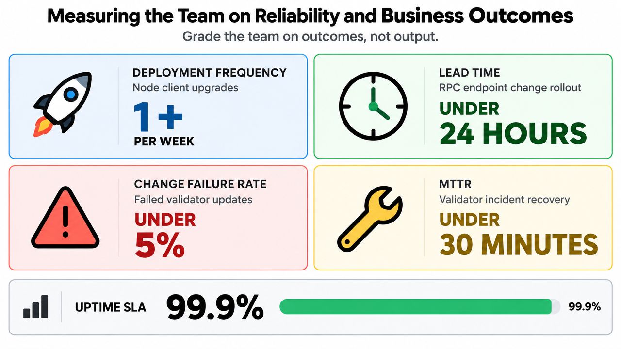 A diagram displaying performance metrics for a DevOps infrastructure team, focusing on reliability and business outcomes.