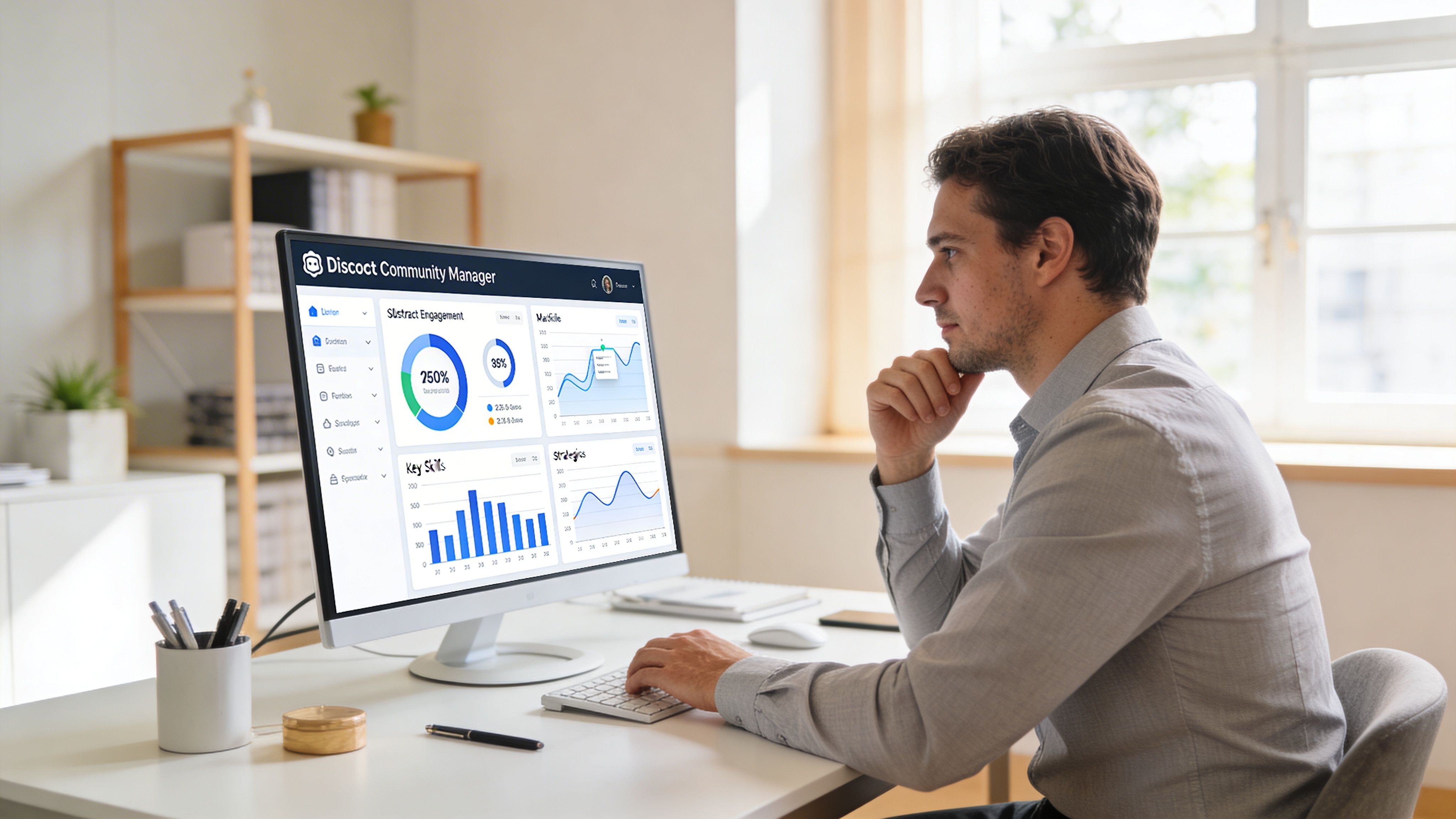 A professional man sitting at a clean desk using a desktop computer to manage a community dashboard.