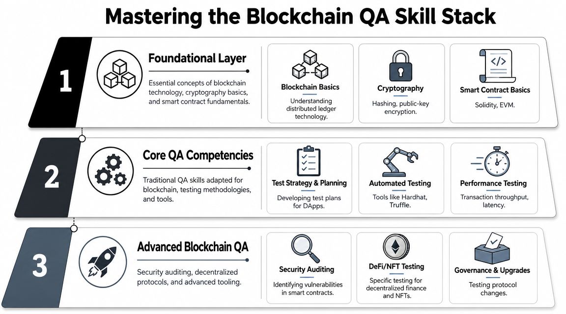 A structured roadmap illustrating the three-tier skill stack required for mastering blockchain quality assurance and testing.