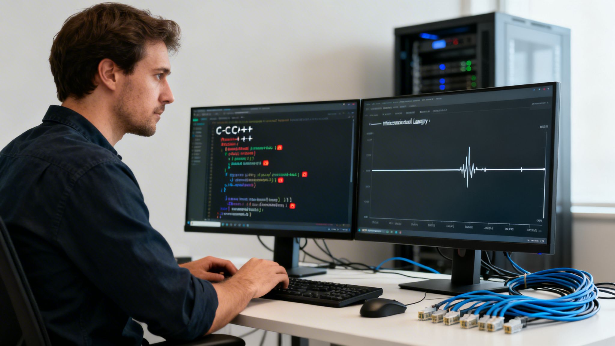 A male programmer types C/C++ code on dual monitors, with network gear and a server rack.