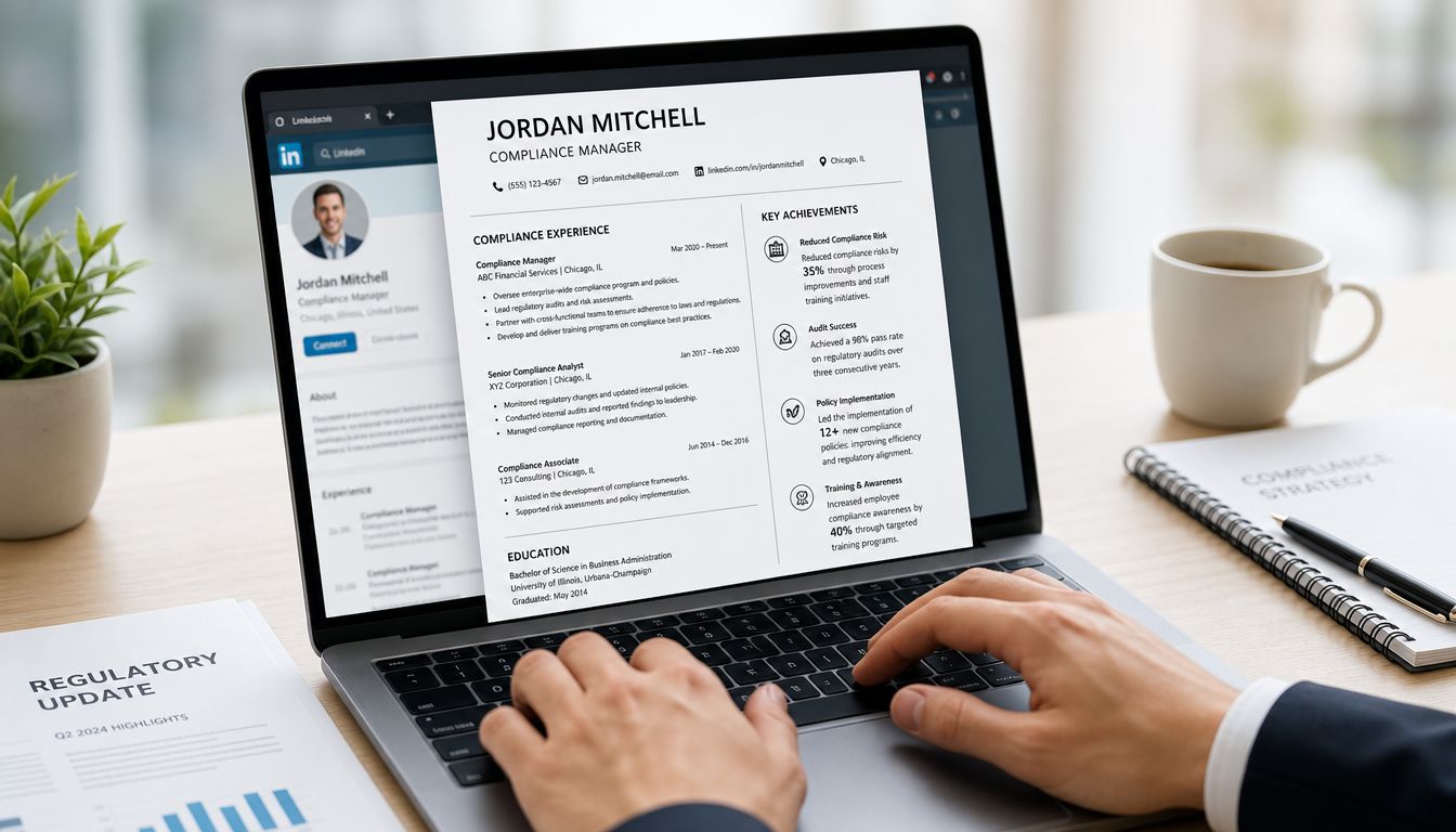 A professional working on a laptop displaying a resume for a compliance manager role at a desk.