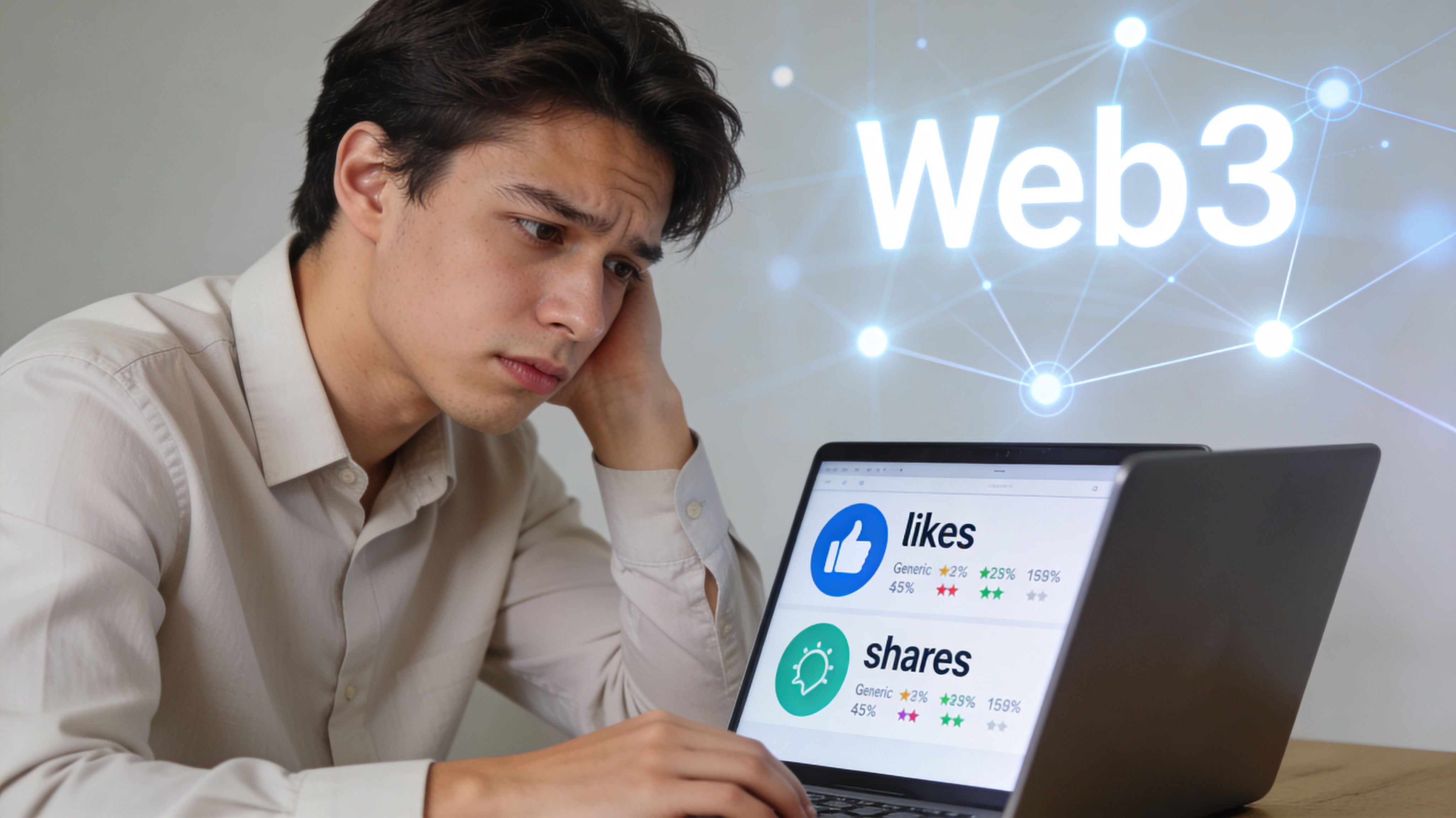 A concerned young man looking at social media analytics and metrics on his laptop screen.