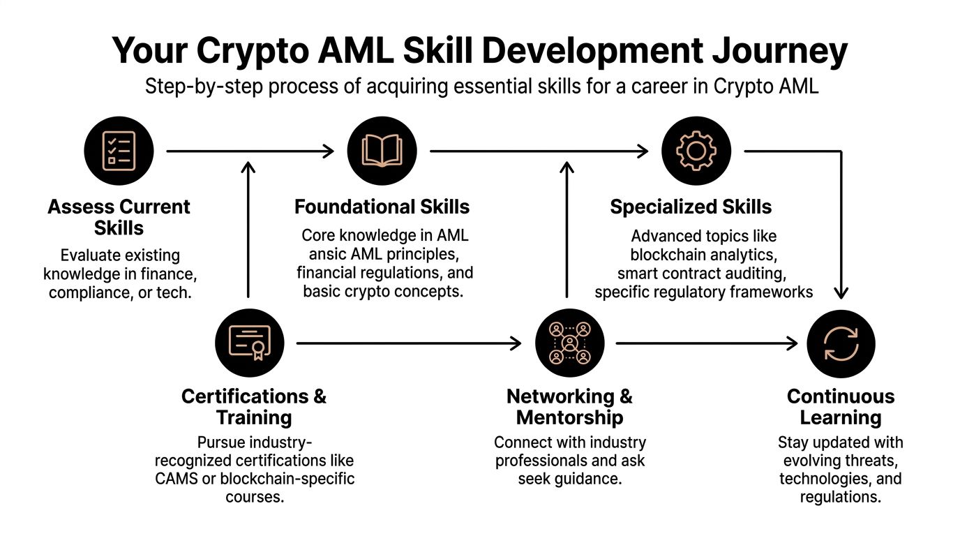 An infographic showing a step-by-step roadmap for developing essential skills for a career in Crypto AML.