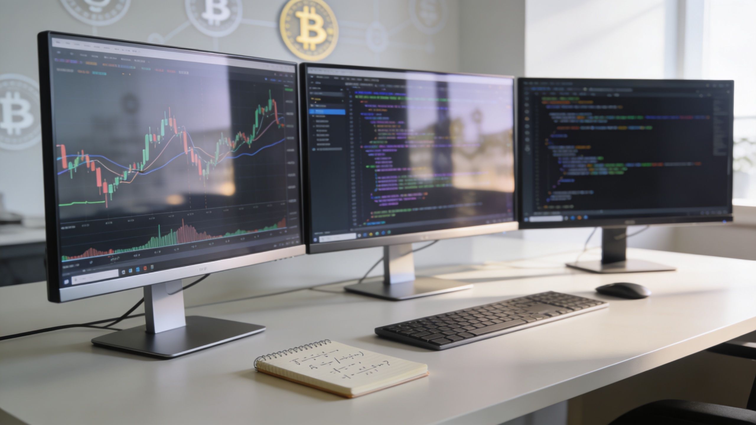 A modern workspace featuring three computer monitors displaying financial stock charts and computer code for professional developers.