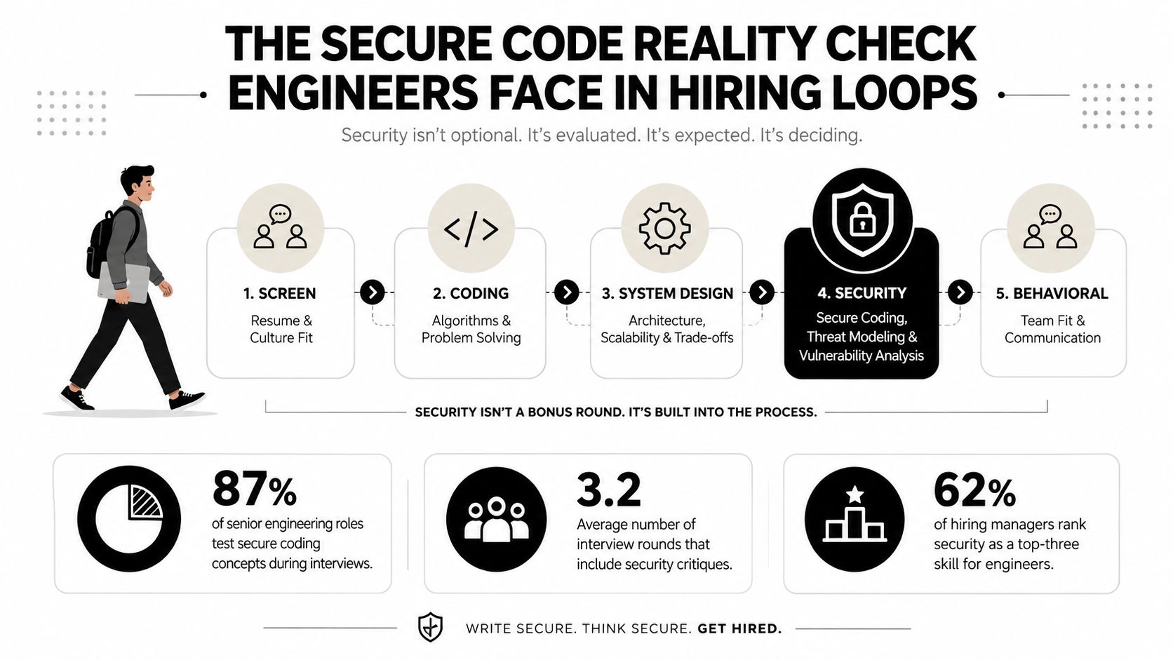 A diagram illustrating a five-step engineering hiring process highlighting security as a critical evaluation component.