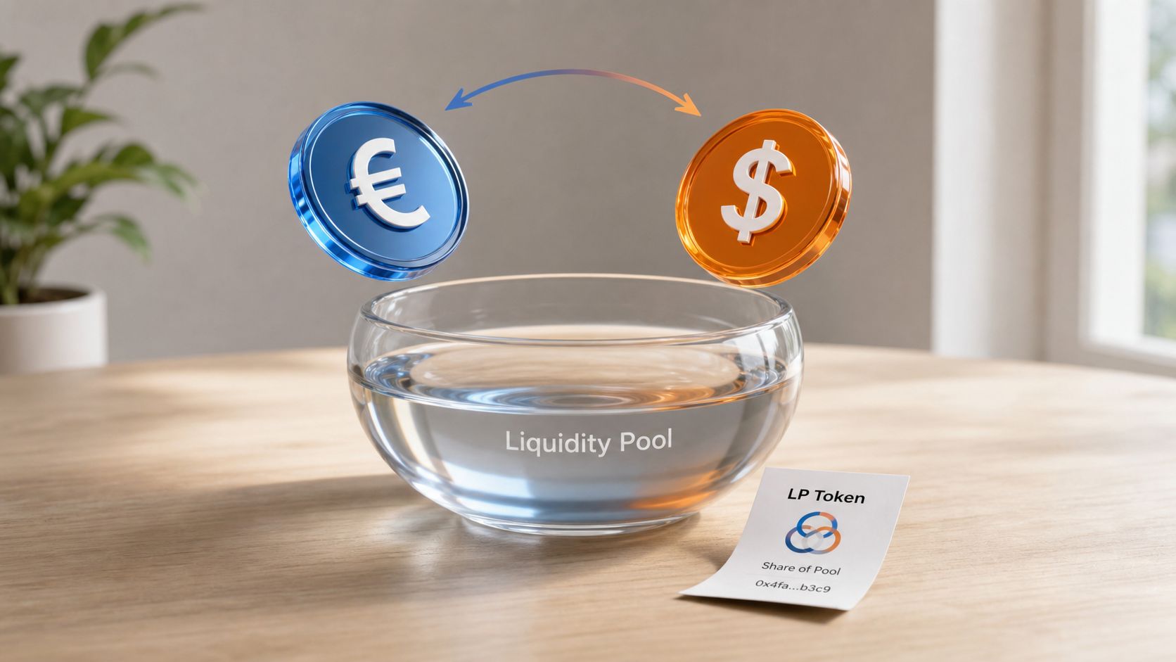 A conceptual illustration of a liquidity pool with Euro and Dollar coins, representing decentralized finance concepts.