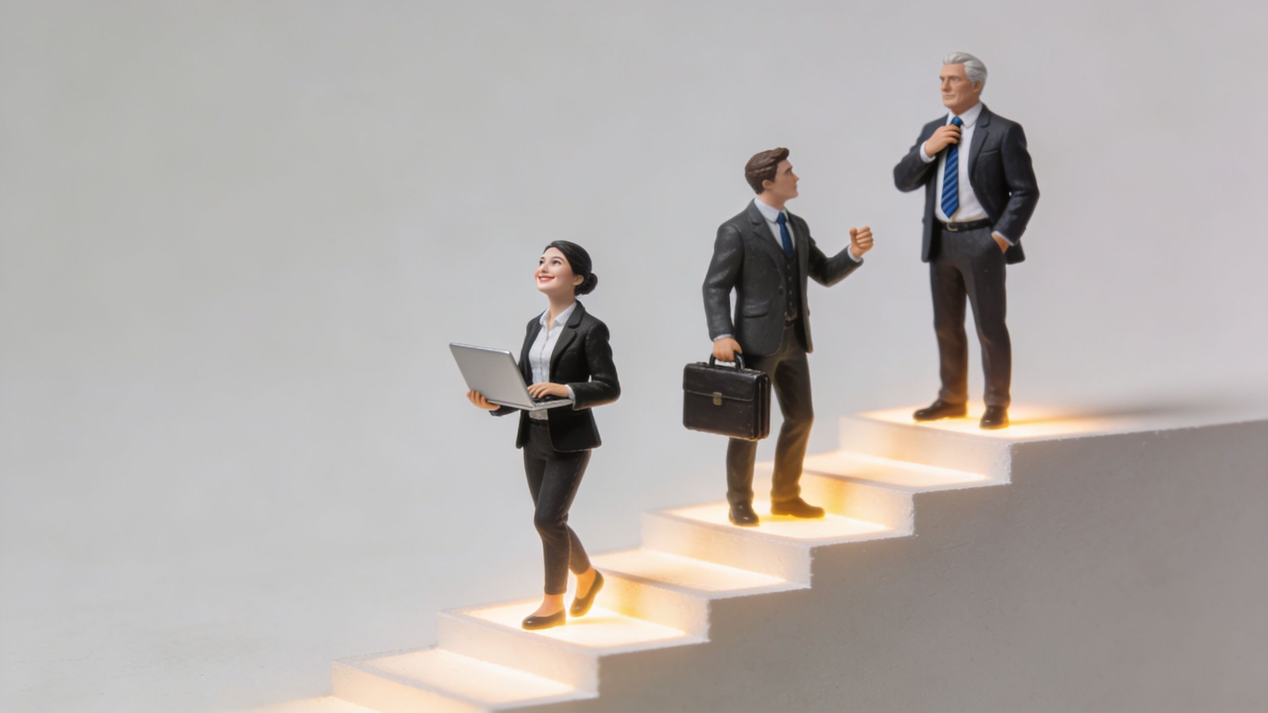 Three miniature business professionals walking up glowing white stairs representing career advancement and corporate growth.