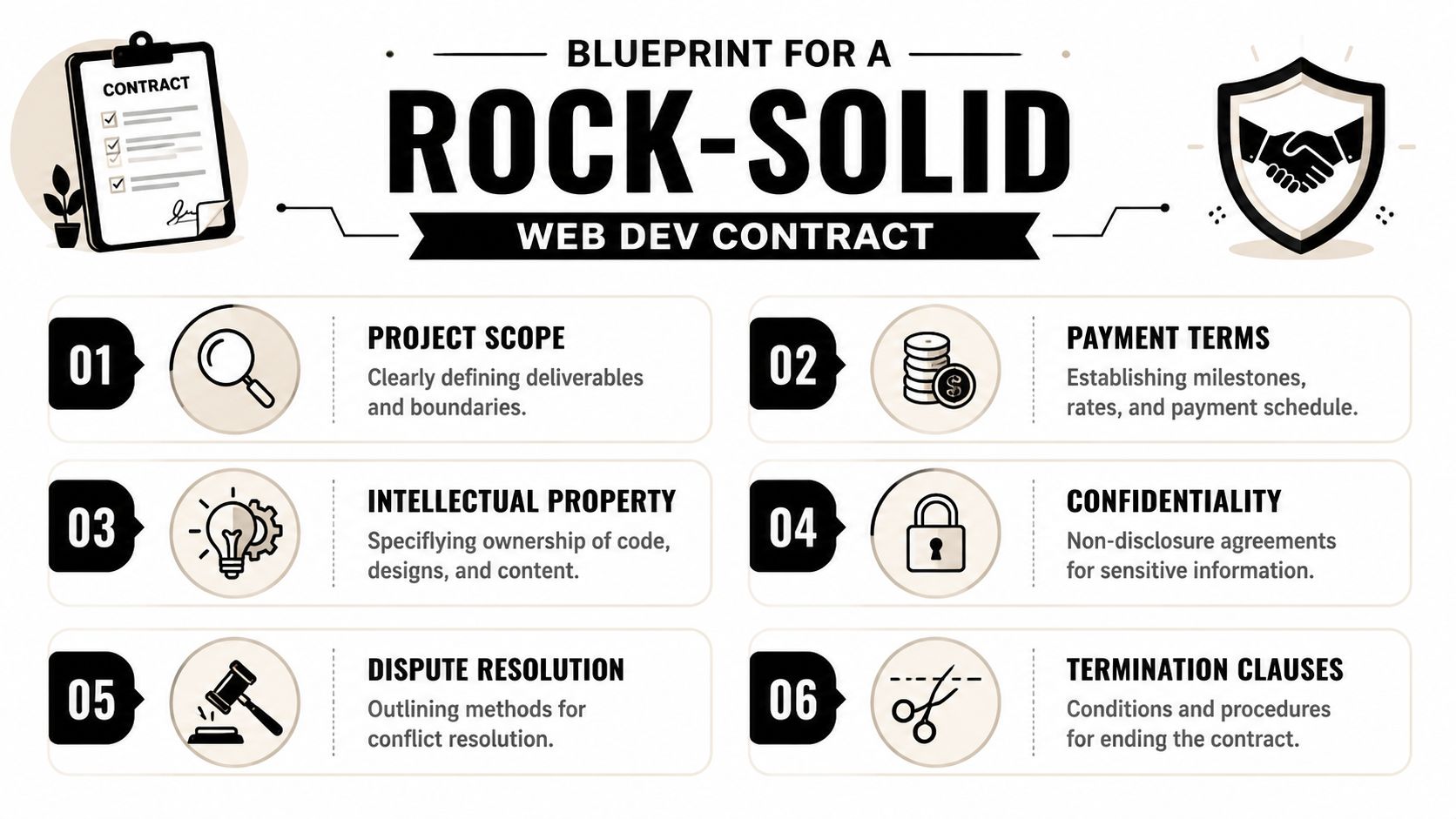 An infographic outlining six key components for building a comprehensive and rock-solid web development contract.