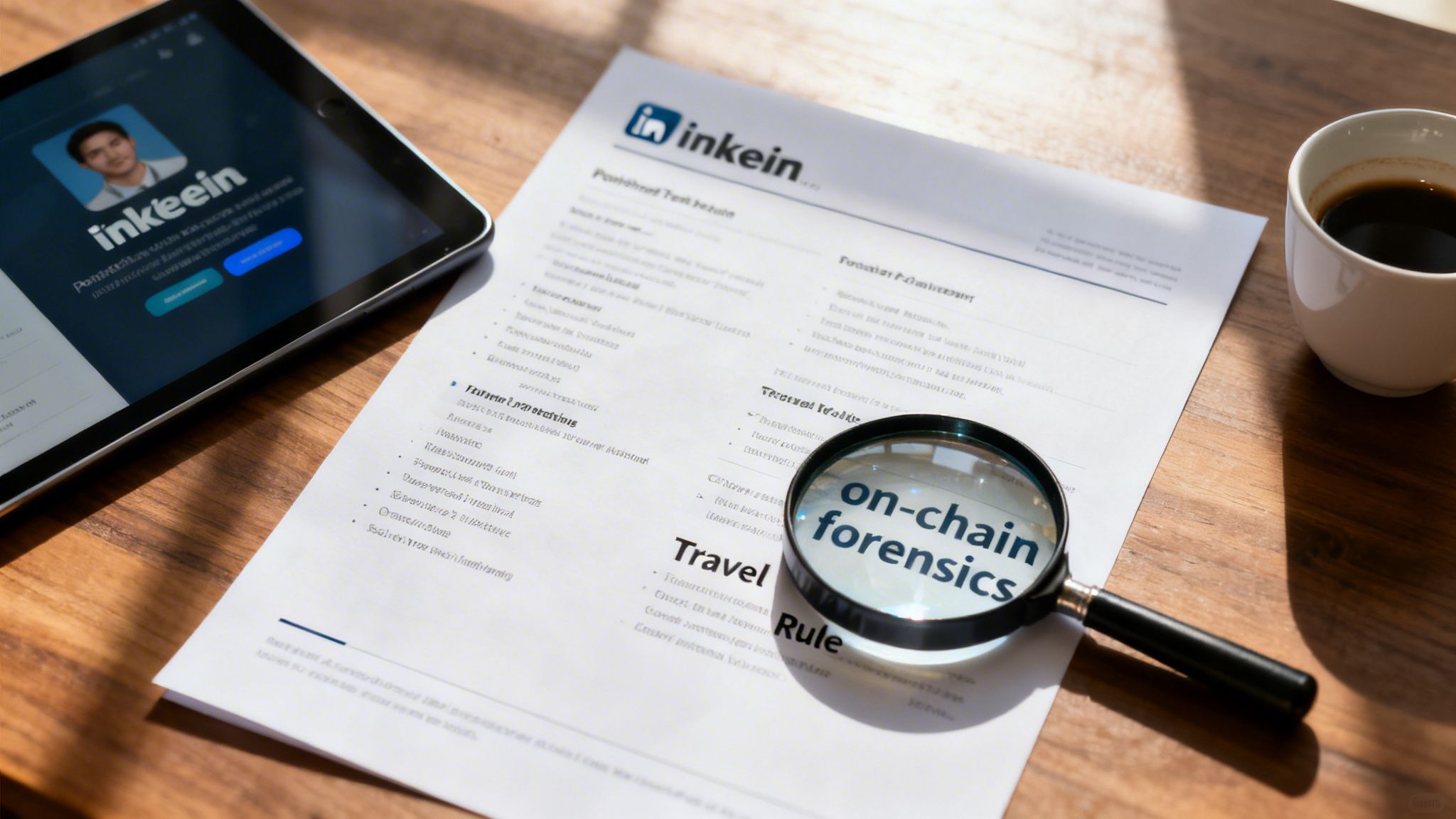 A desk with a tablet showing a profile, a document with 'on-chain forensics' under a magnifying glass, and a coffee cup.