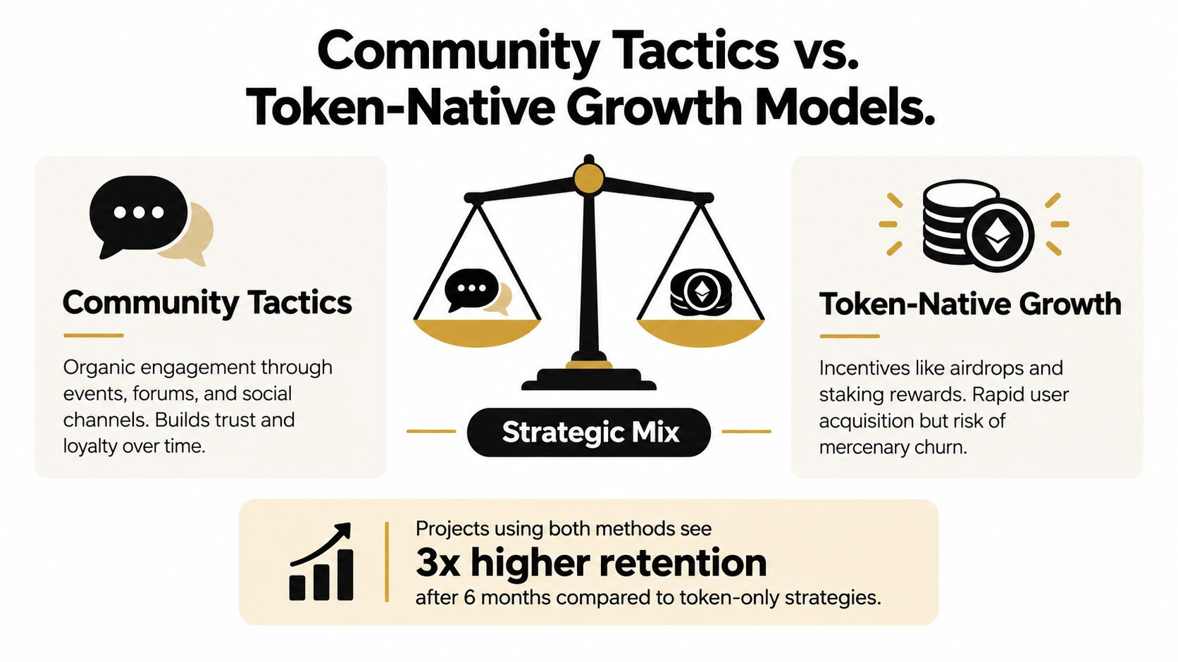 A diagram comparing community engagement tactics with token-native growth models for balanced web3 marketing strategies.