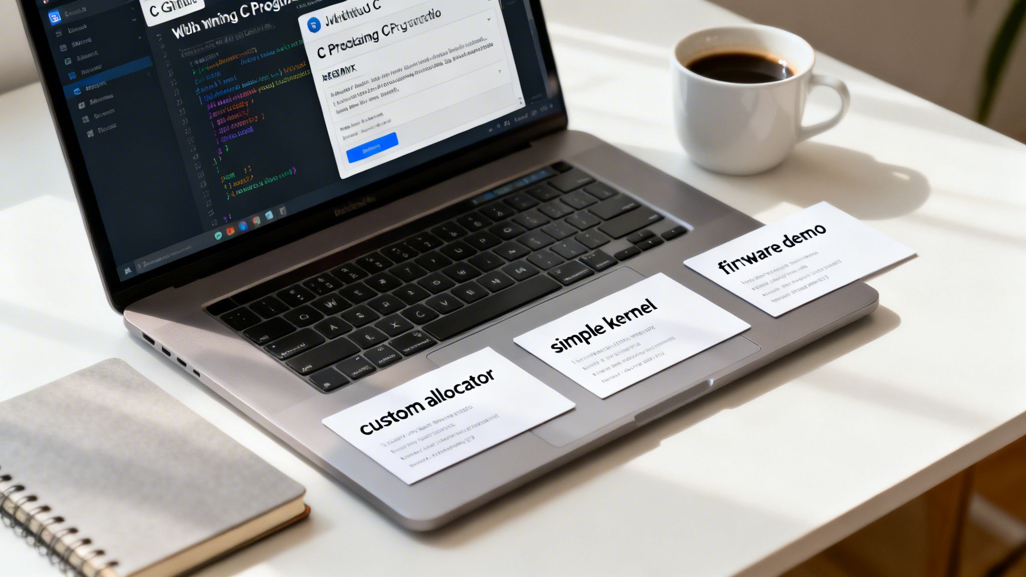 A laptop displays code on screen, with a coffee cup and three cards on its trackpad: 'custom allocator', 'simple kernel', and 'firmware demo'.