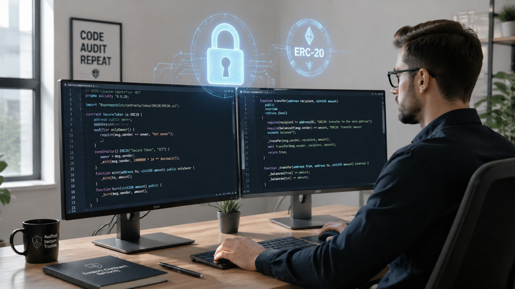 A professional software developer working on smart contract security code at a dual-monitor computer workstation.