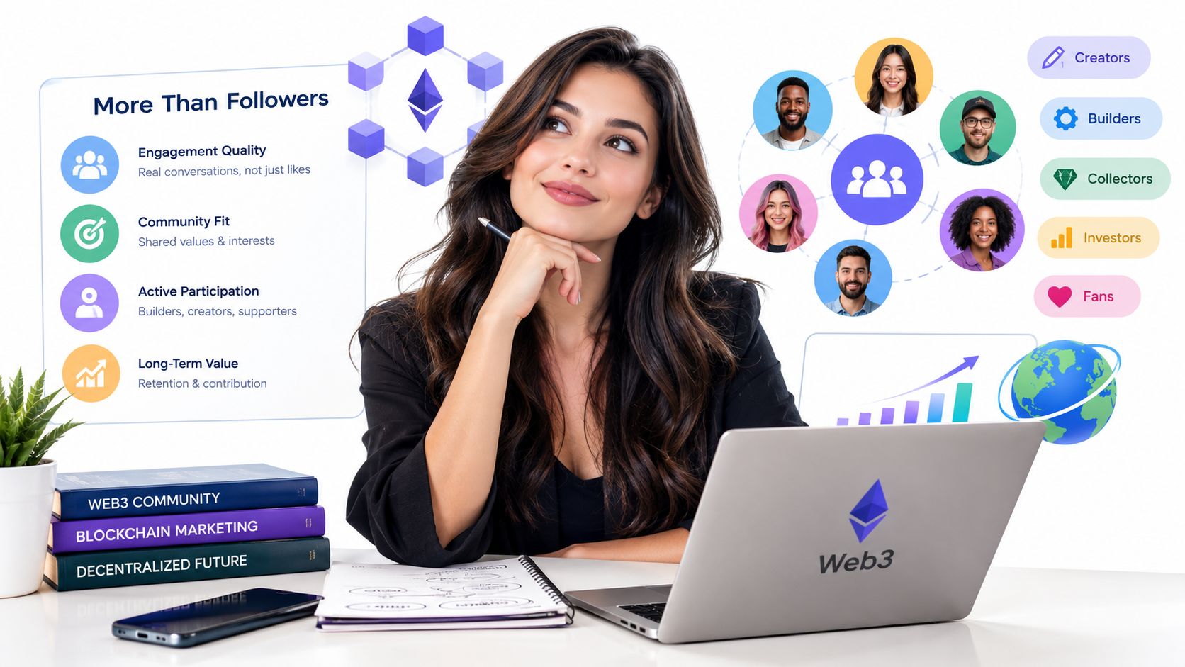 A professional woman thinking about Web3 marketing strategy while surrounded by digital icons and blockchain community concepts.