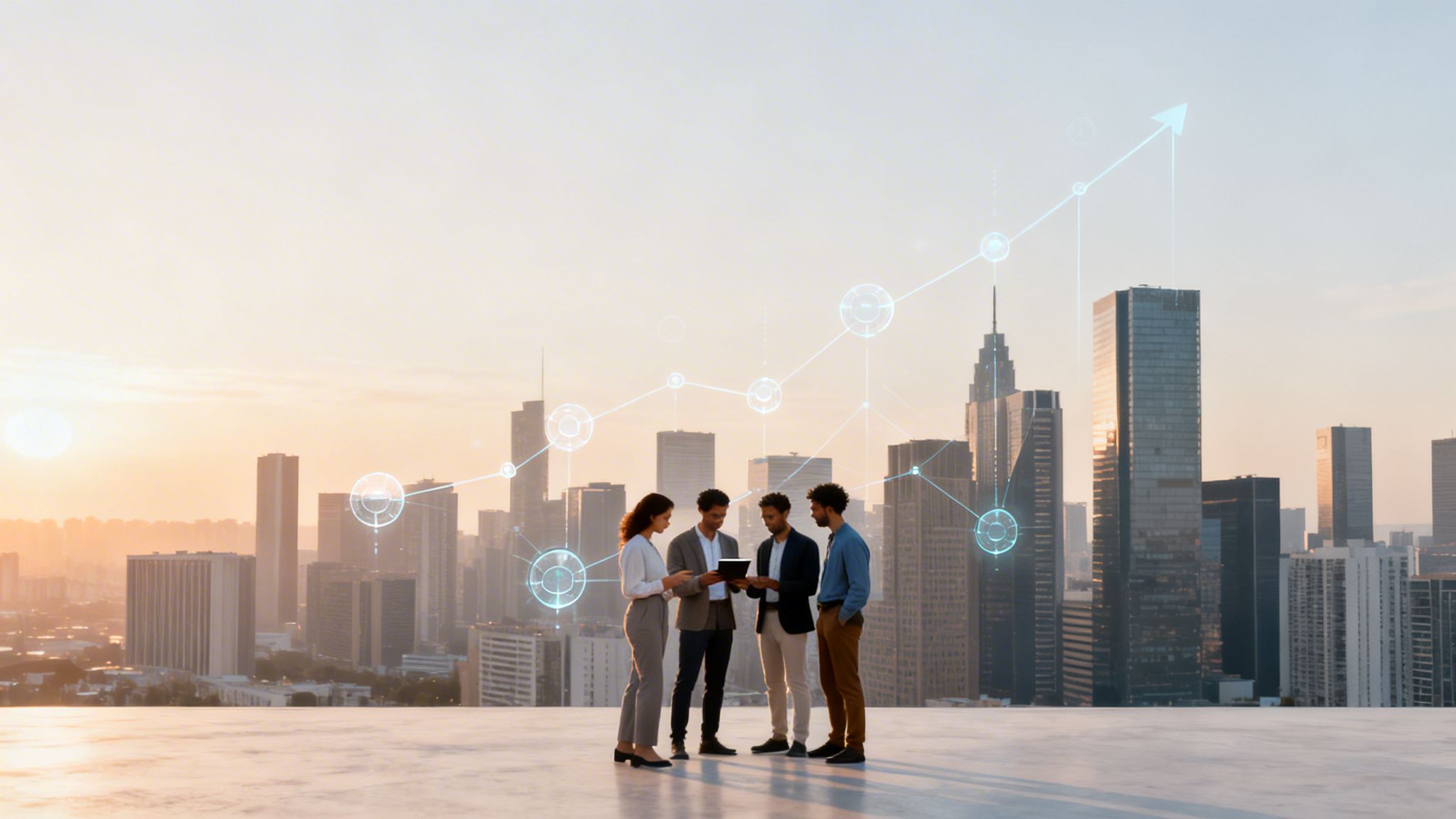Diverse business team discusses growth on a city rooftop with an illuminated data chart.