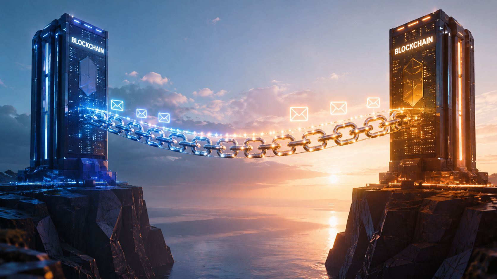 A digital bridge made of chains connecting two glowing blockchain buildings over a sea at sunset.