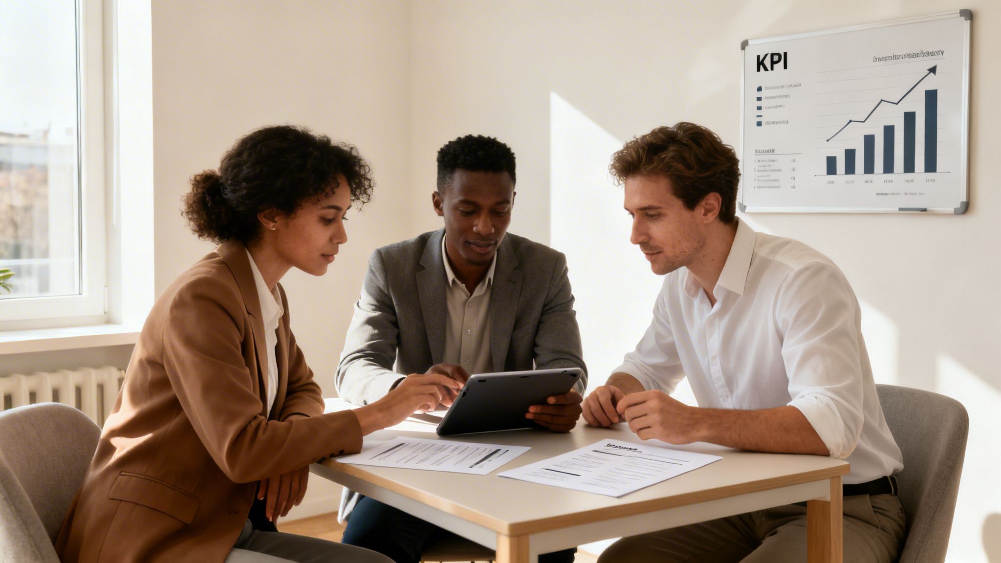 Three diverse professionals collaborate at a table, looking at a tablet and documents in a sunlit office.