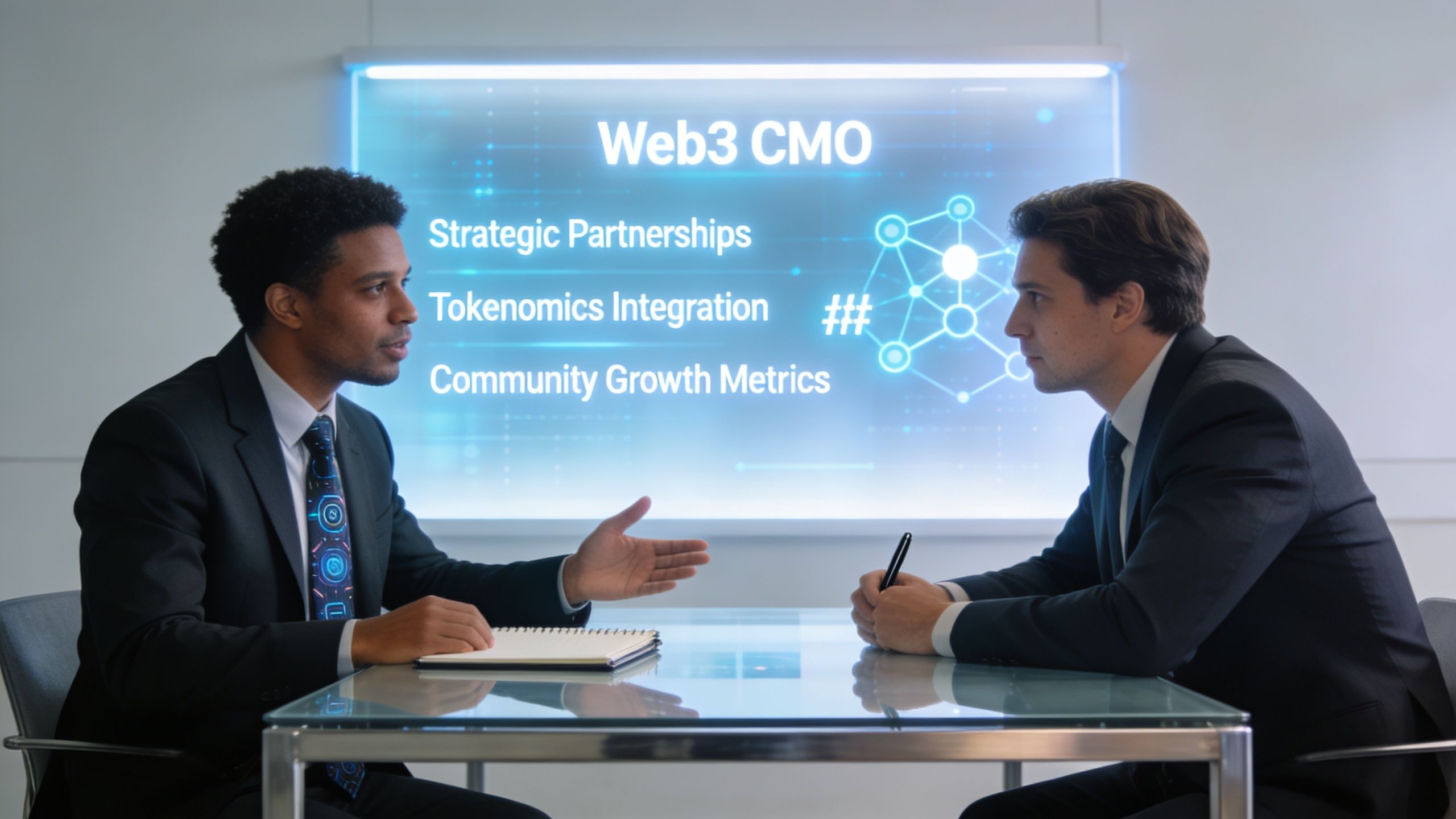 Two professionals in suits discussing Web3 marketing strategies in a modern office meeting room setting.