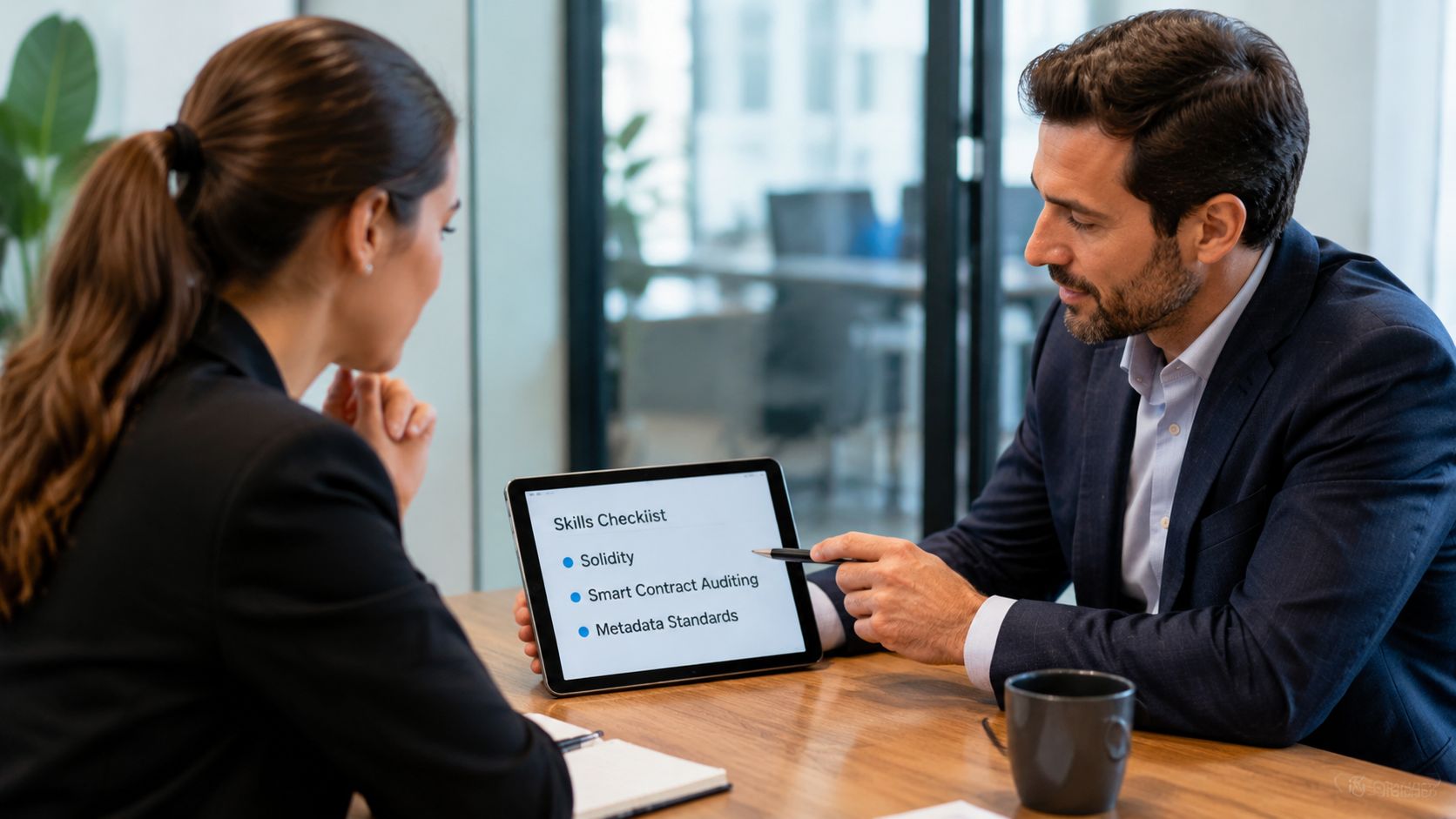A professional man and woman discussing technical nft developer skills on a digital tablet in an office.