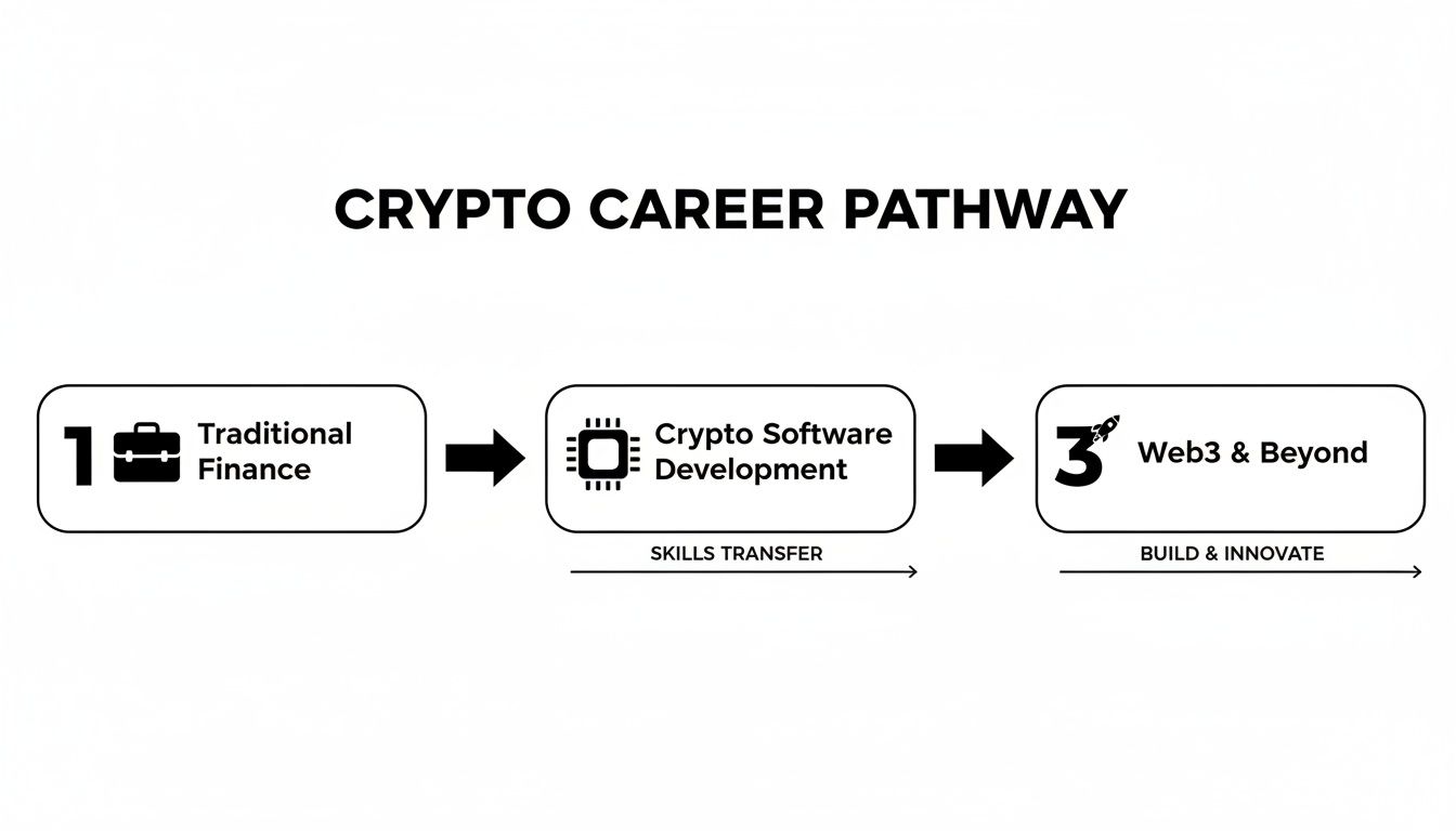 A visual pathway demonstrating a crypto career progression from traditional finance to Web3.