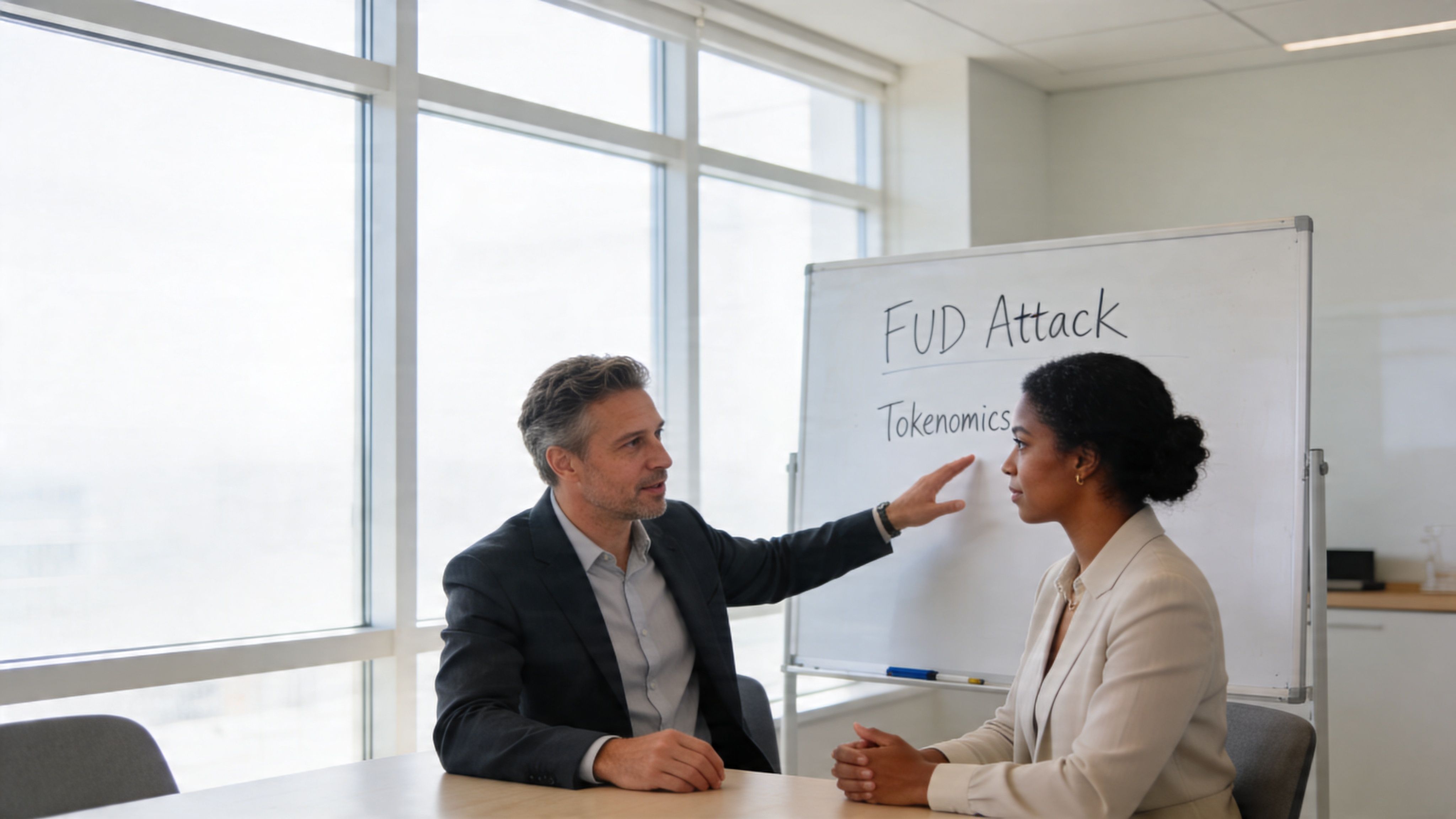 A professional man explaining FUD attack and tokenomics concepts to a woman during a business meeting.