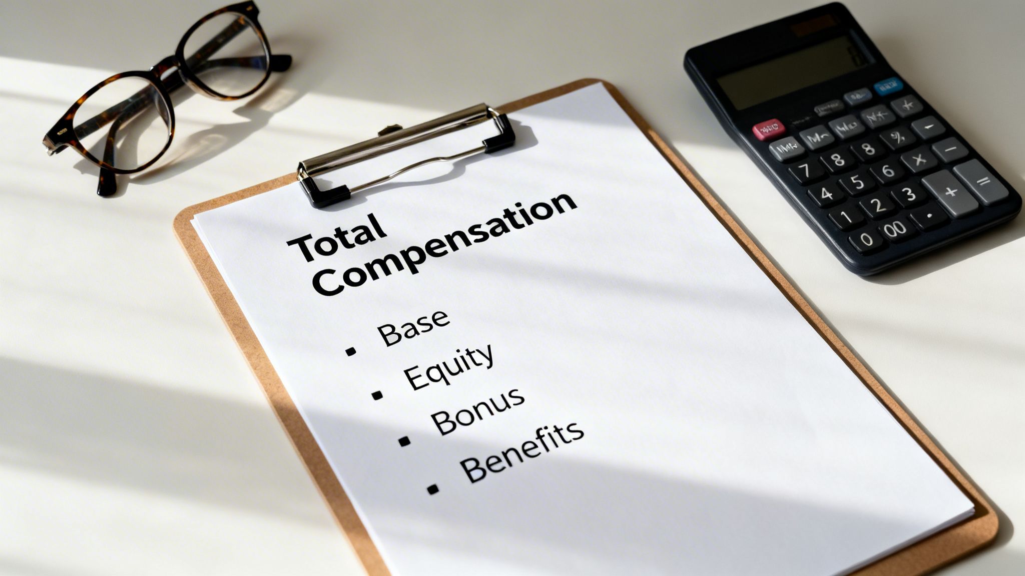 Clipboard displaying 'Total Compensation' components: Base, Equity, Bonus, Benefits, alongside a calculator and eyeglasses.