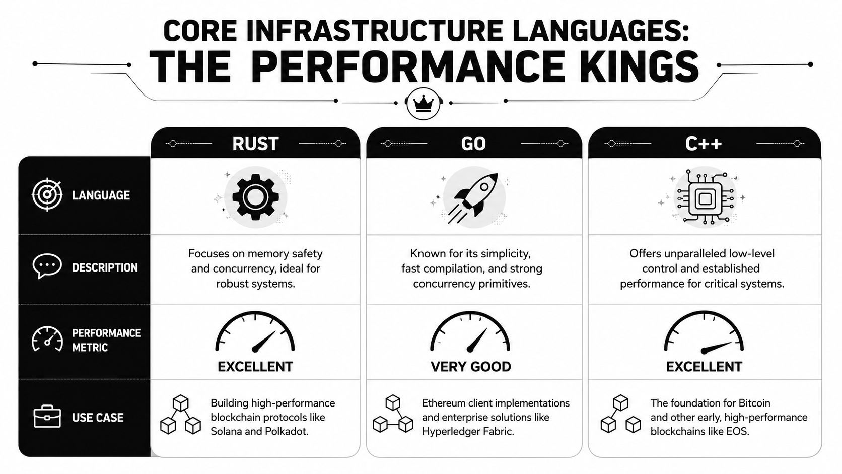 A comparison chart of Rust, Go, and C++ as core high-performance programming languages for blockchain infrastructure development.